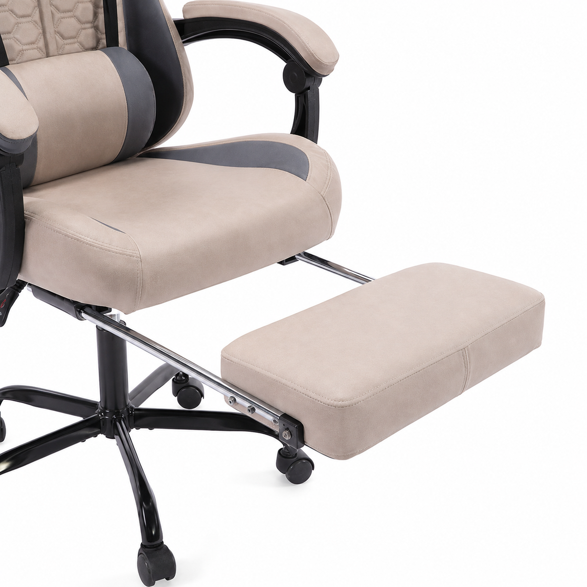 Draco gray gaming chair showing retractable footrest detail