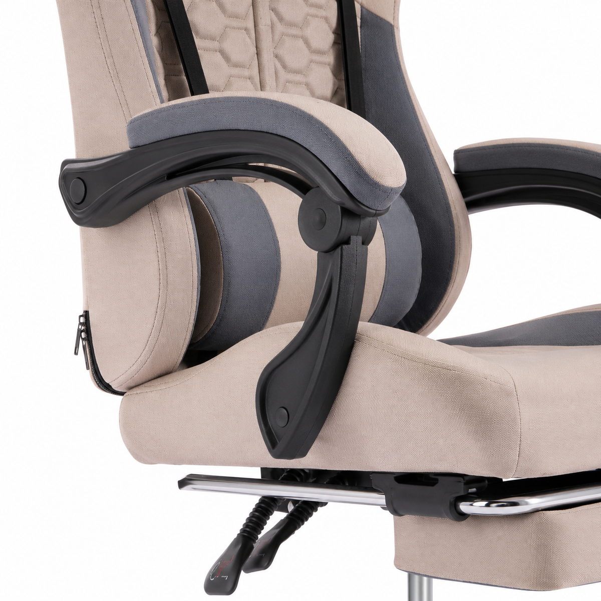 Draco gray gaming chair showing armrest linkage detail