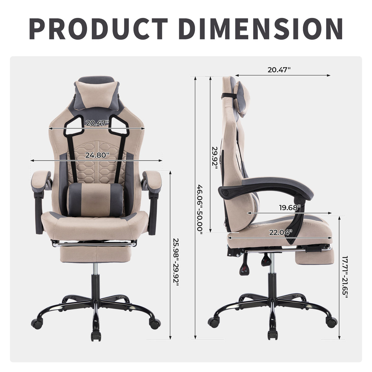 Draco gray gaming chair showing dimensions