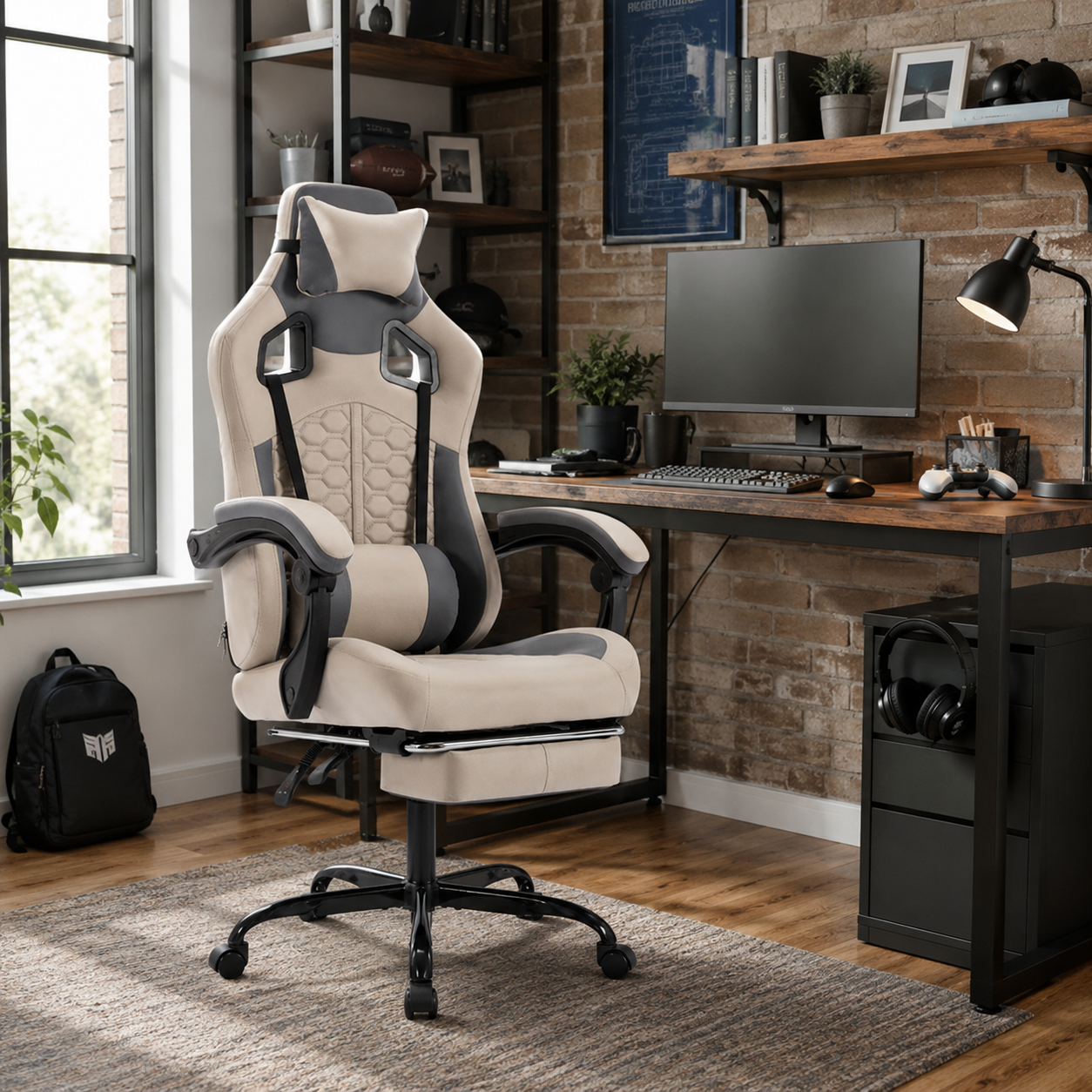Draco gray ergonomic gaming chair with lumbar cushion and footrest in a warm home office