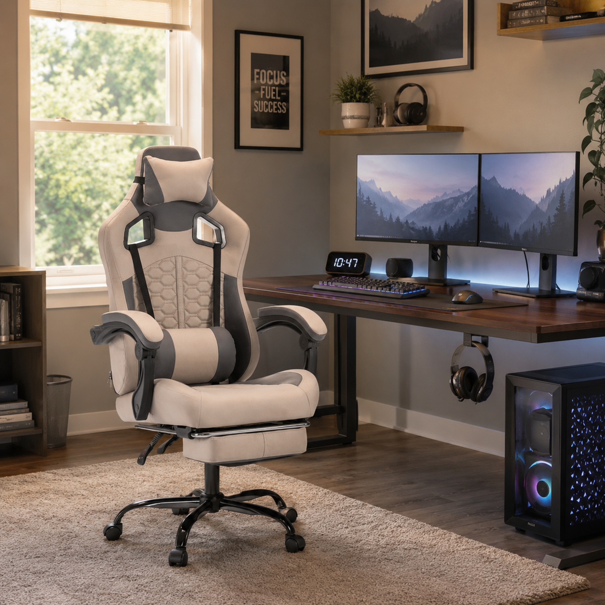 Draco gray gaming chair beside a wood desk in a modern workspace