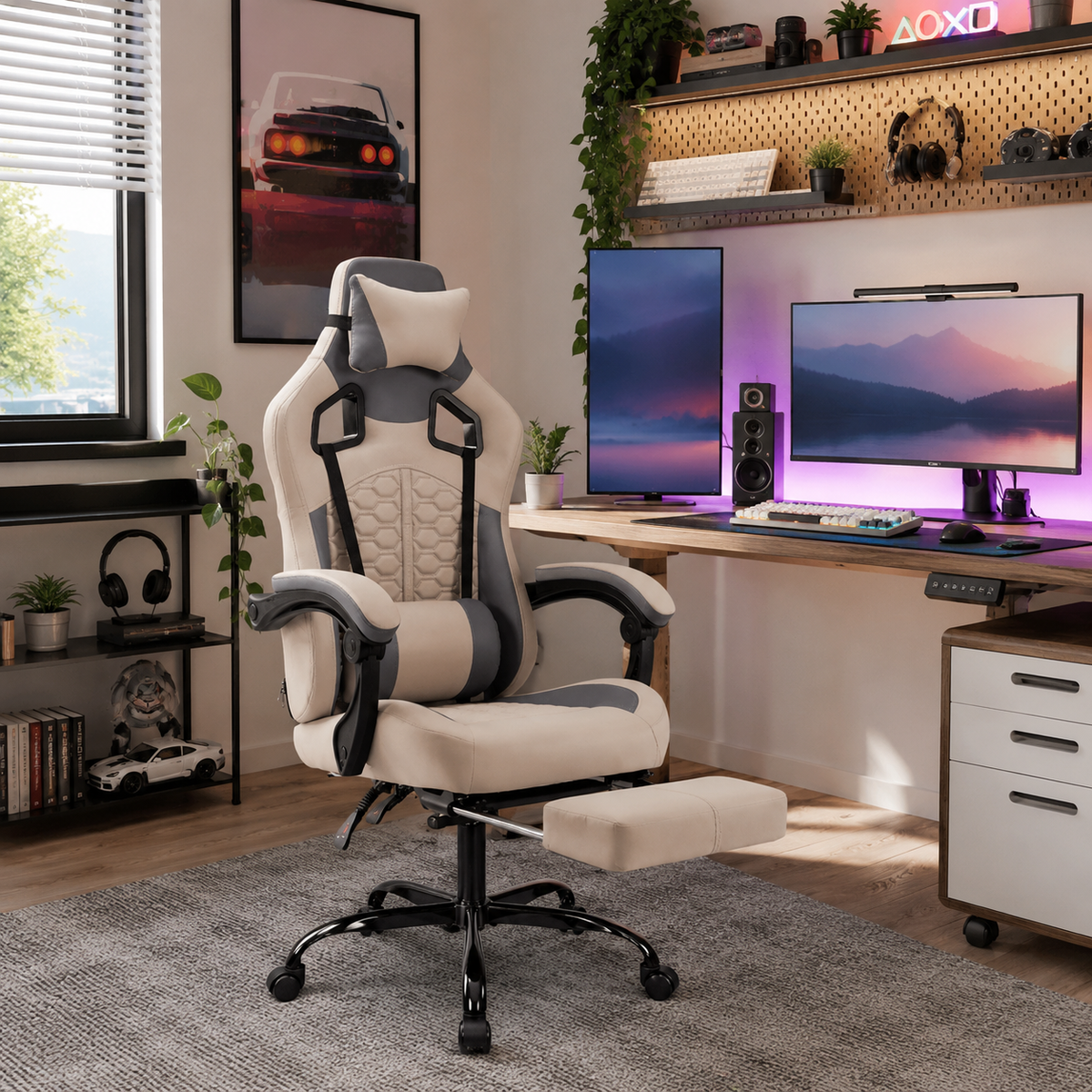 Draco gray ergonomic gaming chair in a gaming room with computer monitors and colorful lighting