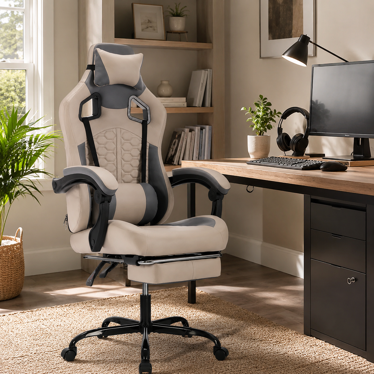 Draco gray gaming chair with padded backrest in a cozy home office setting
