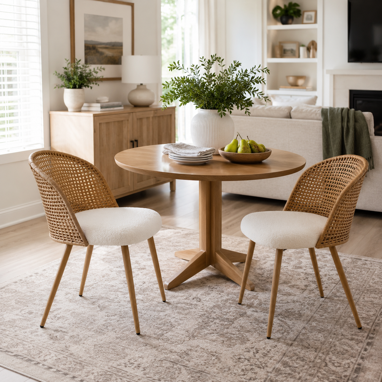 Drava beige dining chairs showing a pair around a round dining table in a warm neutral dining space