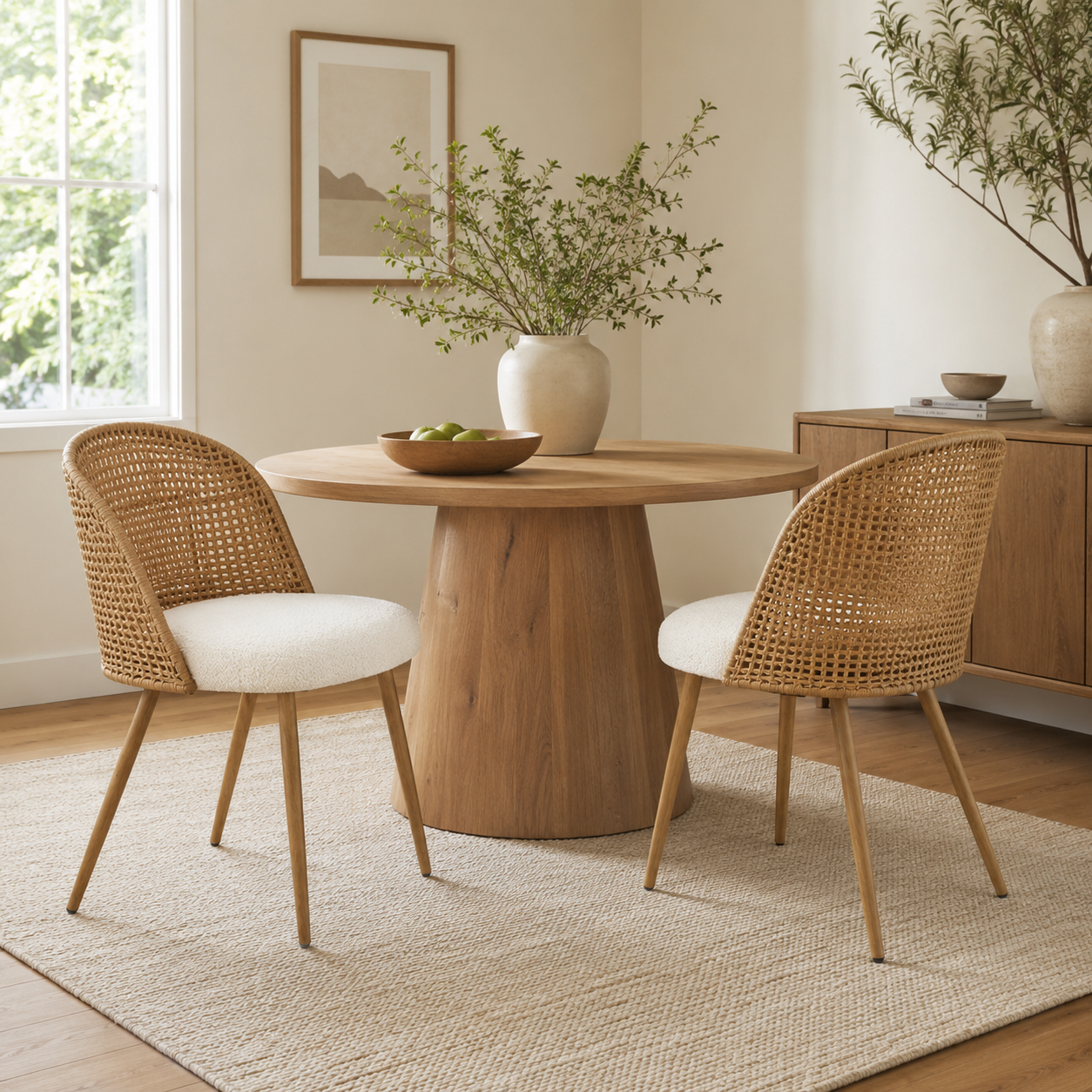 Drava beige dining chairs showing woven rattan seating around a round wood table with greenery