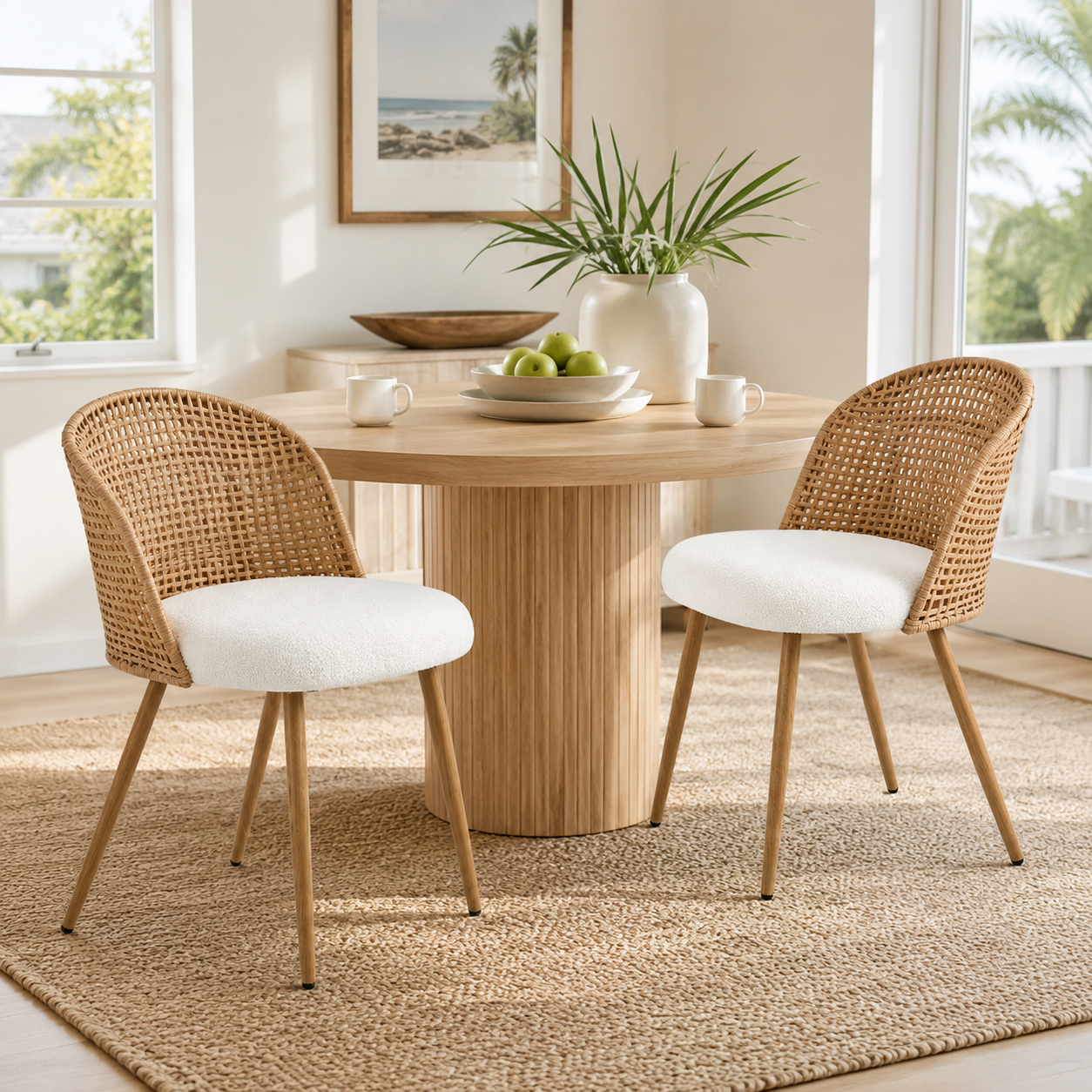 Drava beige dining chairs showing a pair beside a round pedestal table in a sunlit dining room