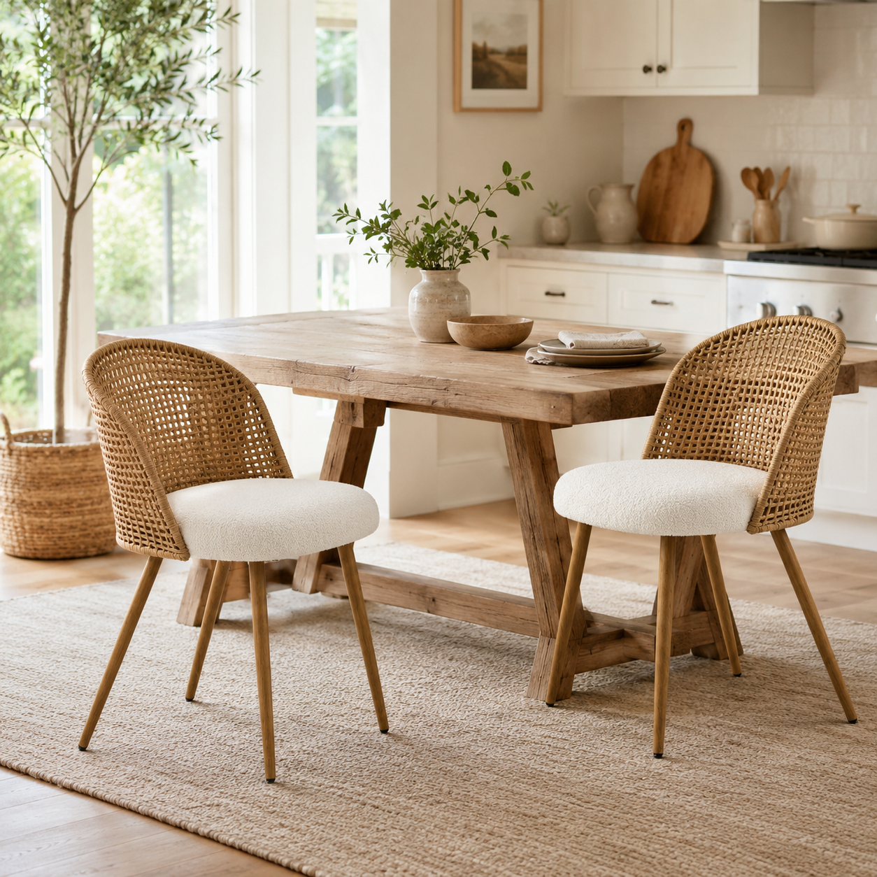 Drava beige dining chairs showing a pair around a round table in a bright dining room with wall art