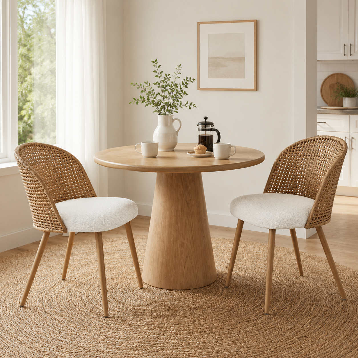 Drava beige dining chairs showing a pair around a round wood table on a woven rug by tall windows