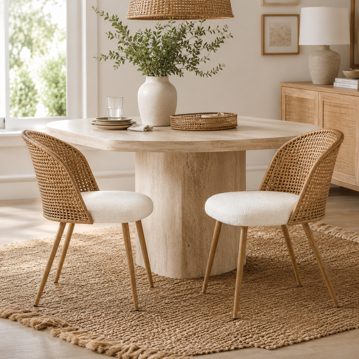 Drava beige dining chairs showing a pair around a round dining table in a light neutral interior