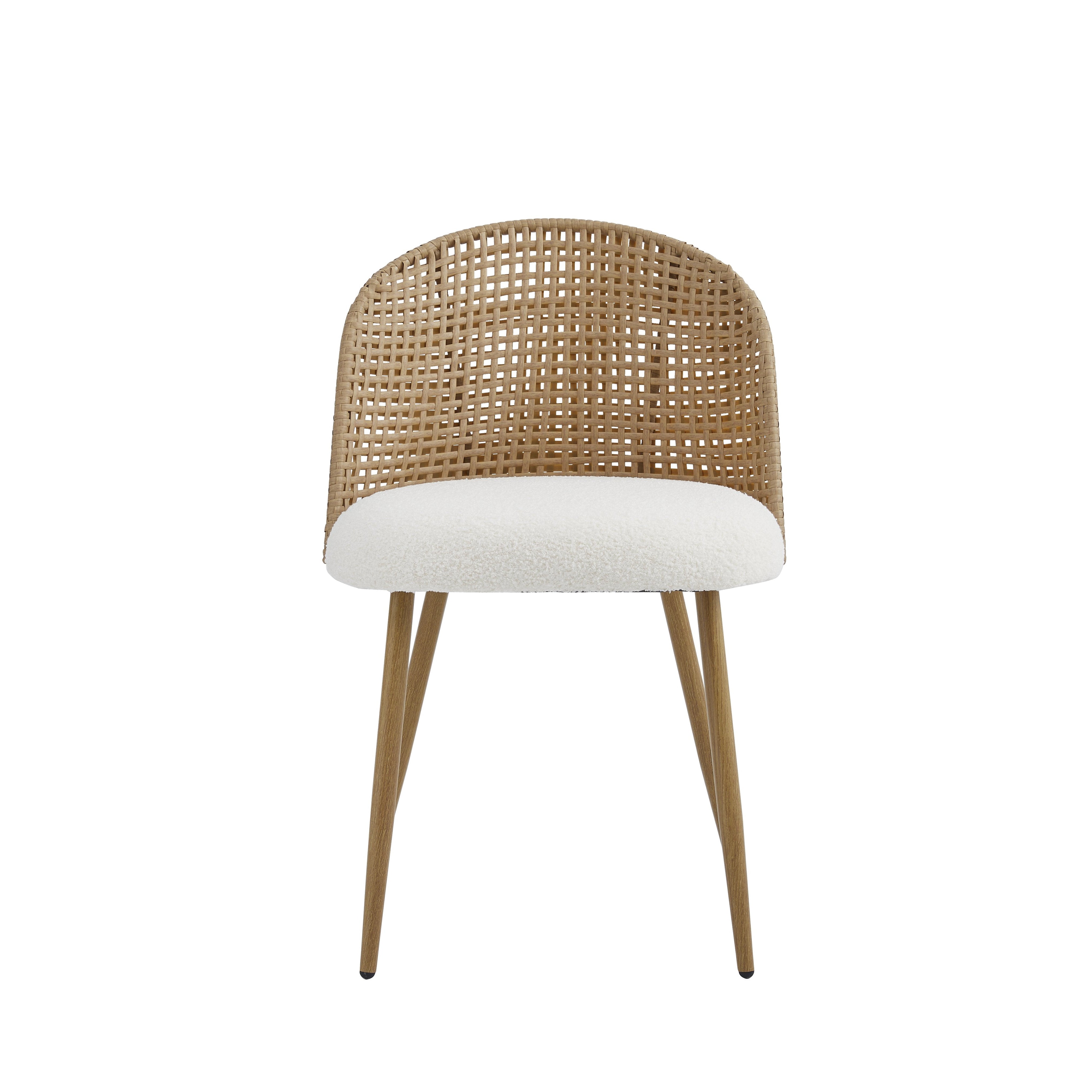 Drava beige dining chair showing the front view with a woven rattan back and boucle seat