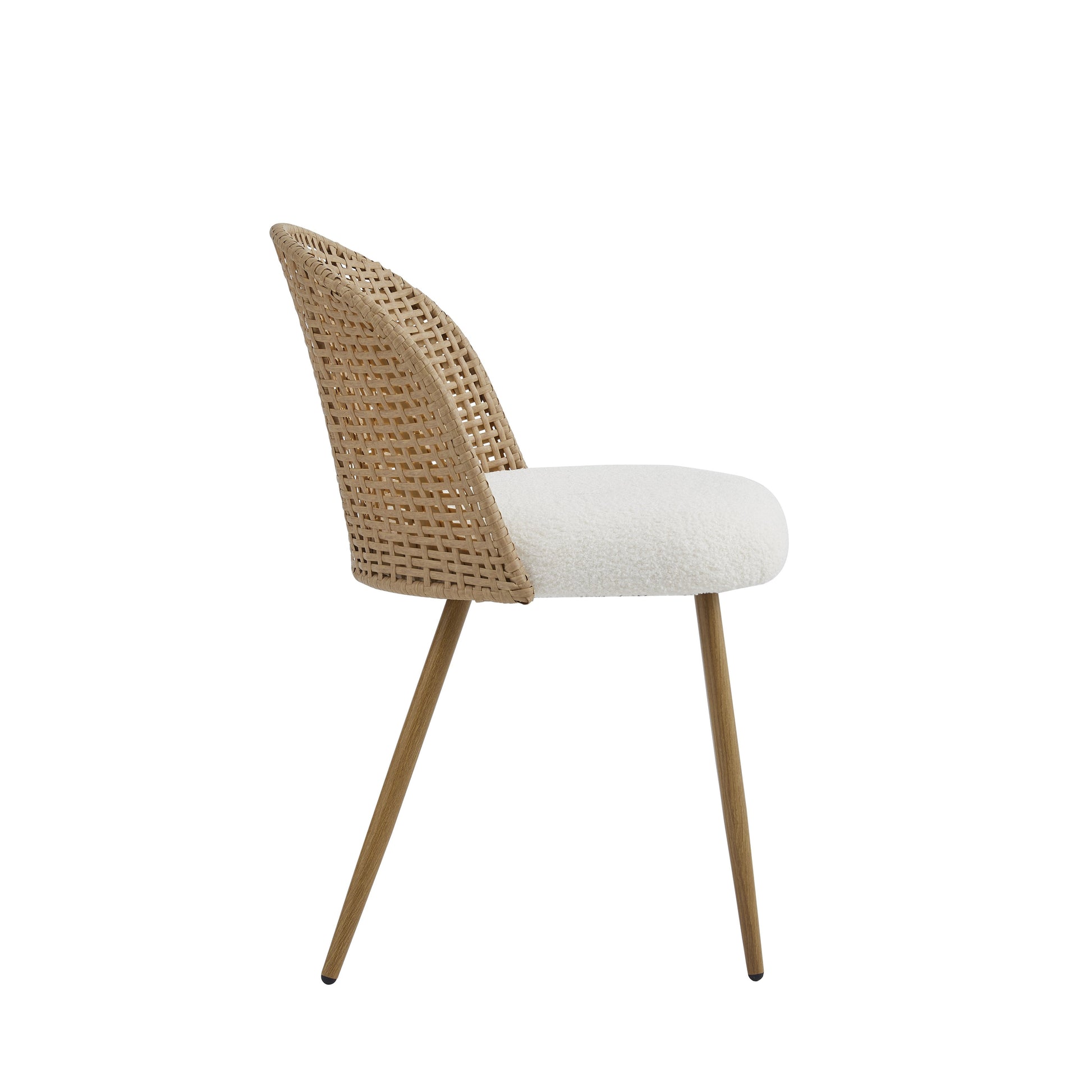 Drava beige dining chair showing an angled side view with a woven rattan back and upholstered seat
