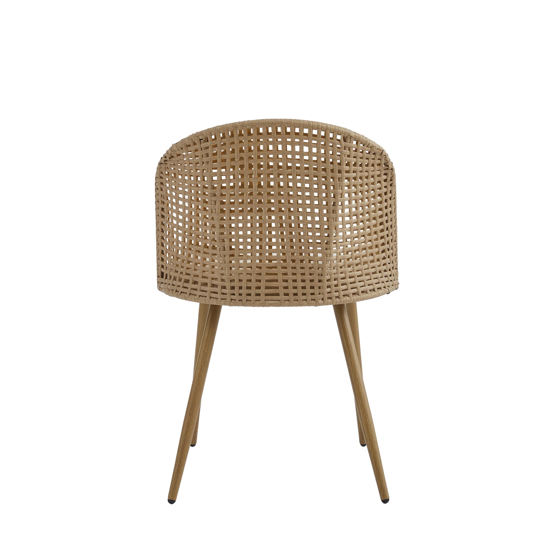 Drava beige dining chair showing the rear view with a rounded woven rattan backrest