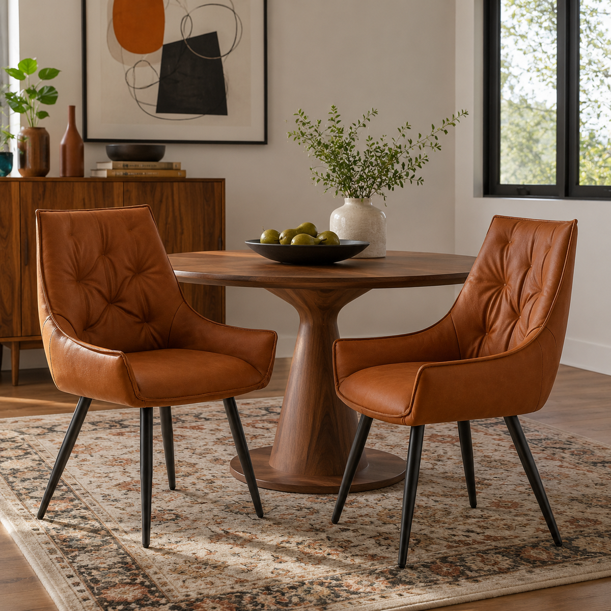 Drina brown dining chair showing two chairs around a round dining table