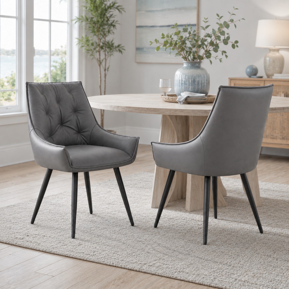 Drina gray dining chair showing two chairs beside a round dining table