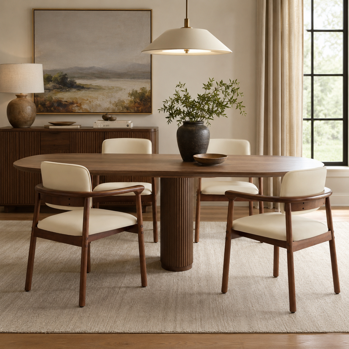 Durance beige upholstered dining chairs shown in a bright modern dining space