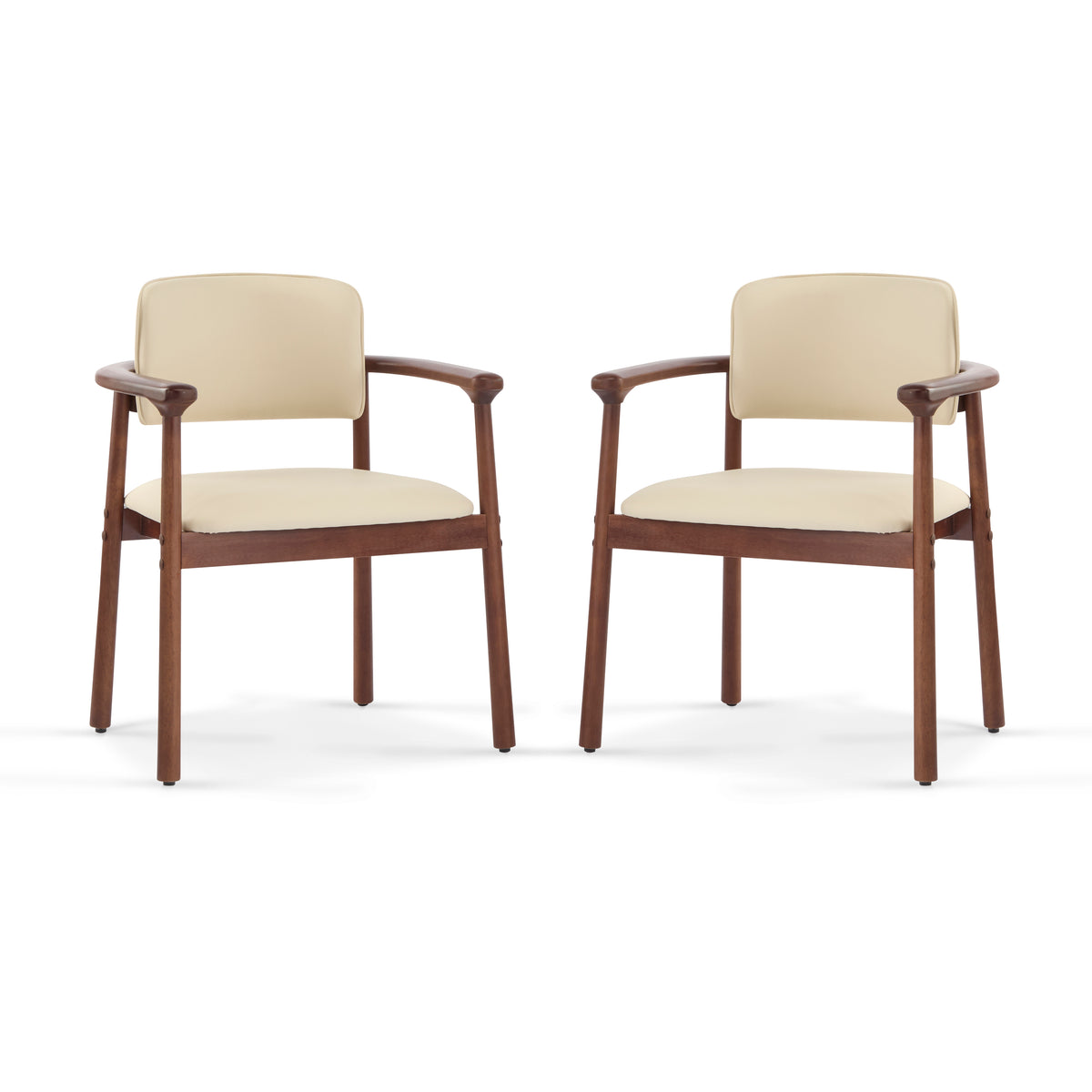 Durance beige upholstered dining chairs with curved rubberwood arms set of 2 on white background
