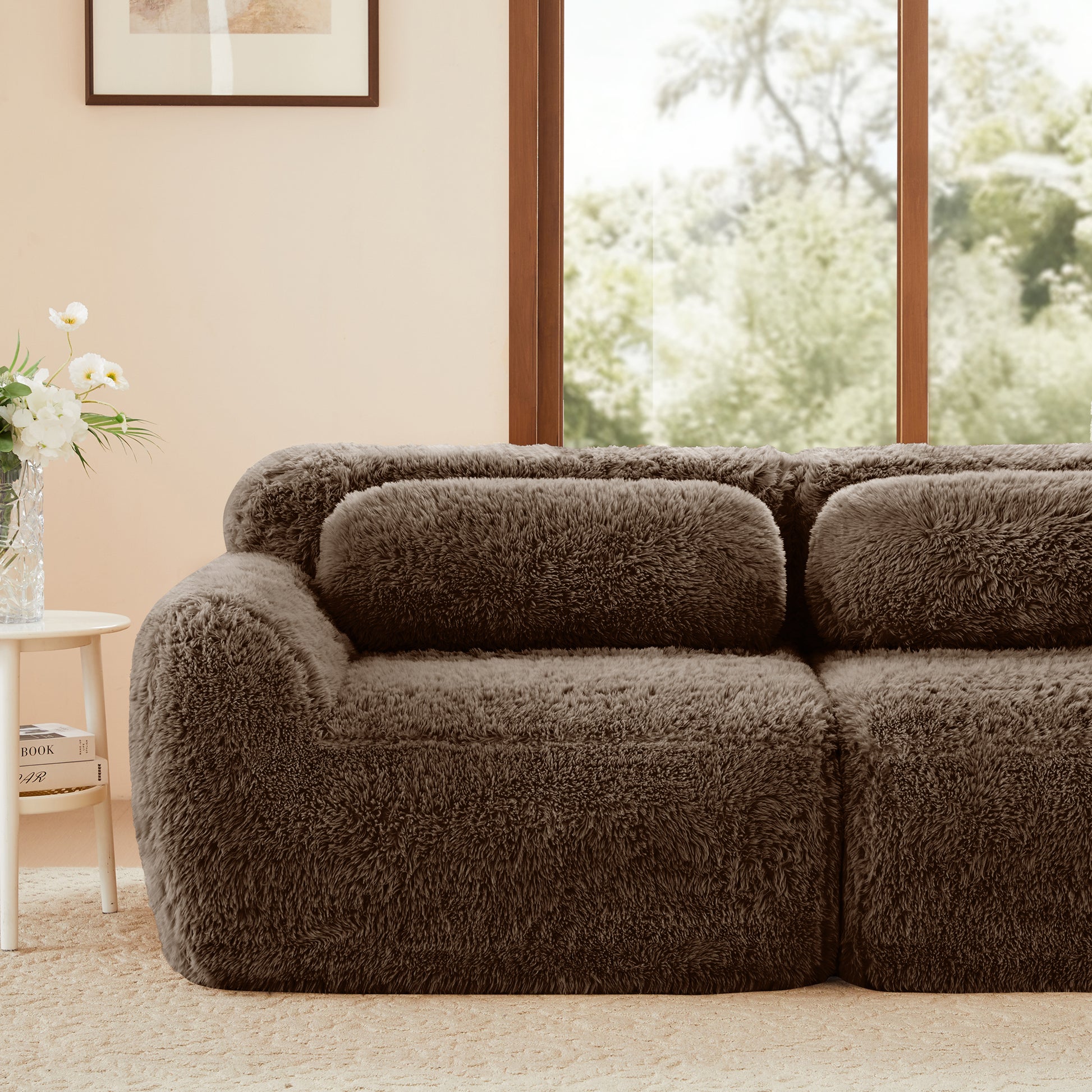 Durham brown corduroy sofa showing plush seat cushion detail in cozy living room setting