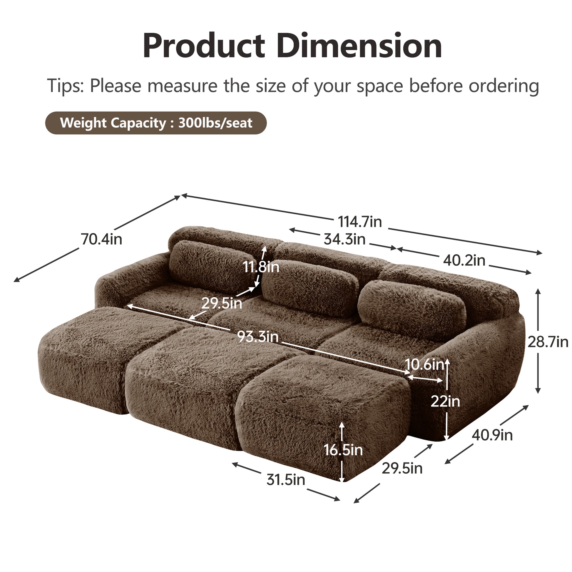 Durham brown corduroy sofa showing overall product dimensions and seating measurements