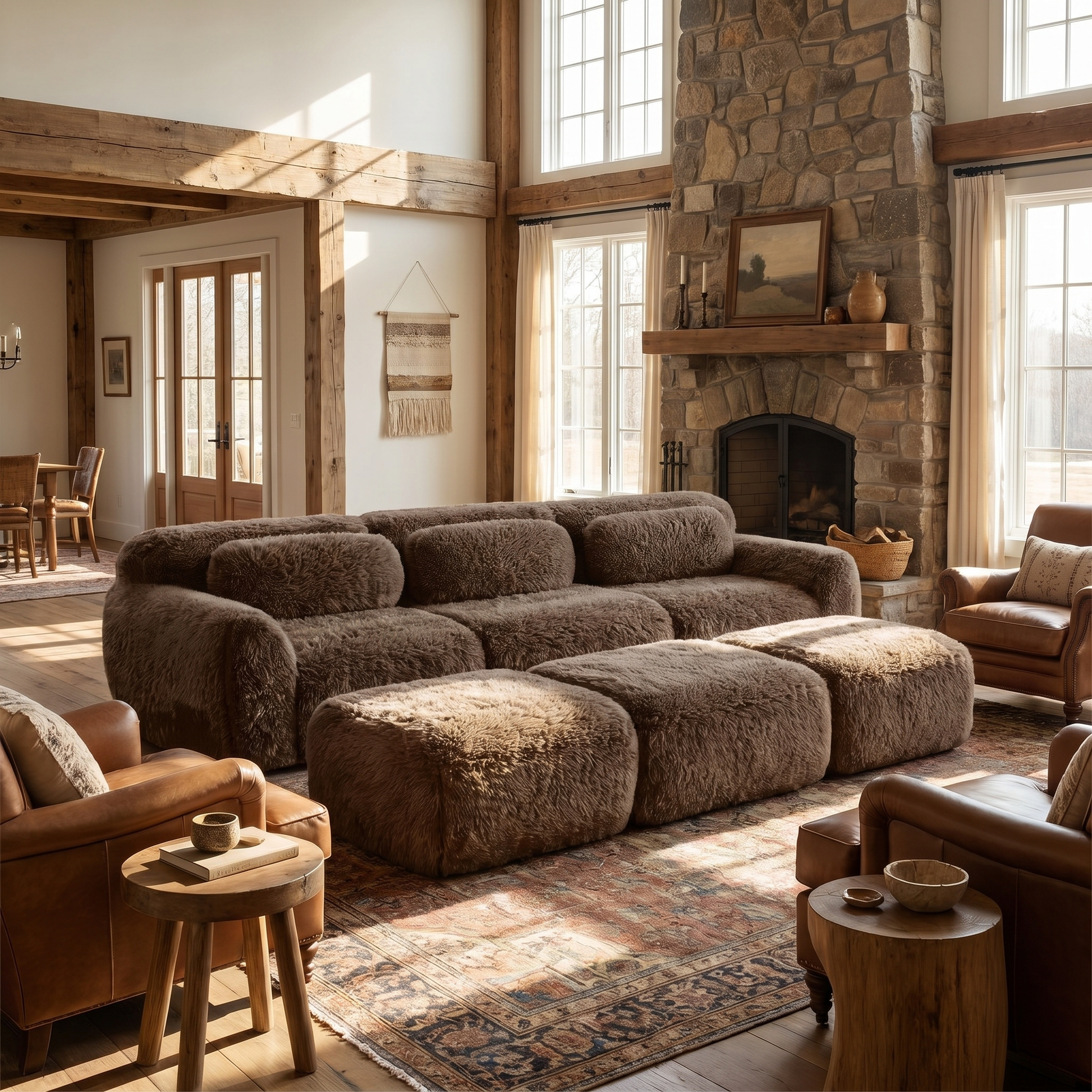 Durham brown corduroy sofa showing cozy sectional setup in rustic living room with stone fireplace