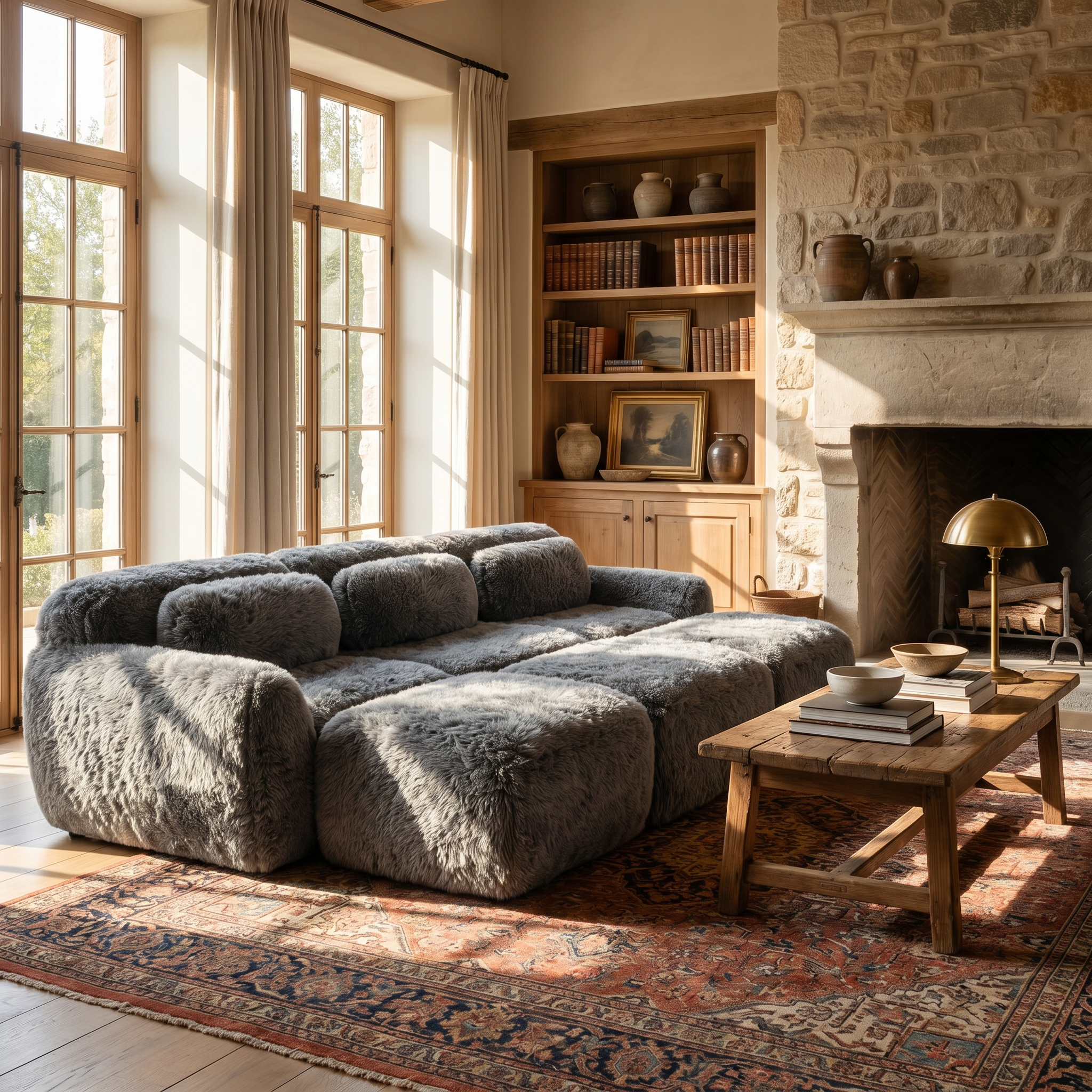 Durham grey corduroy sofa showing plush modular seating in rustic sunlit living room