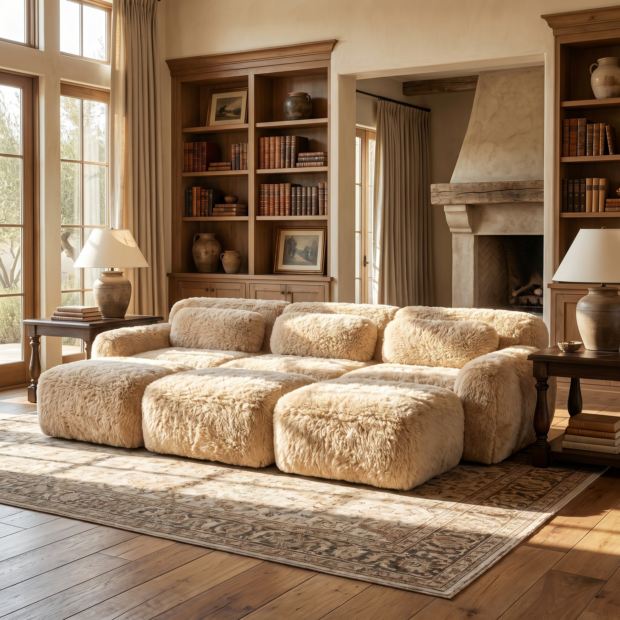 Durham khaki corduroy sofa showing oversized plush seating in warm rustic living room