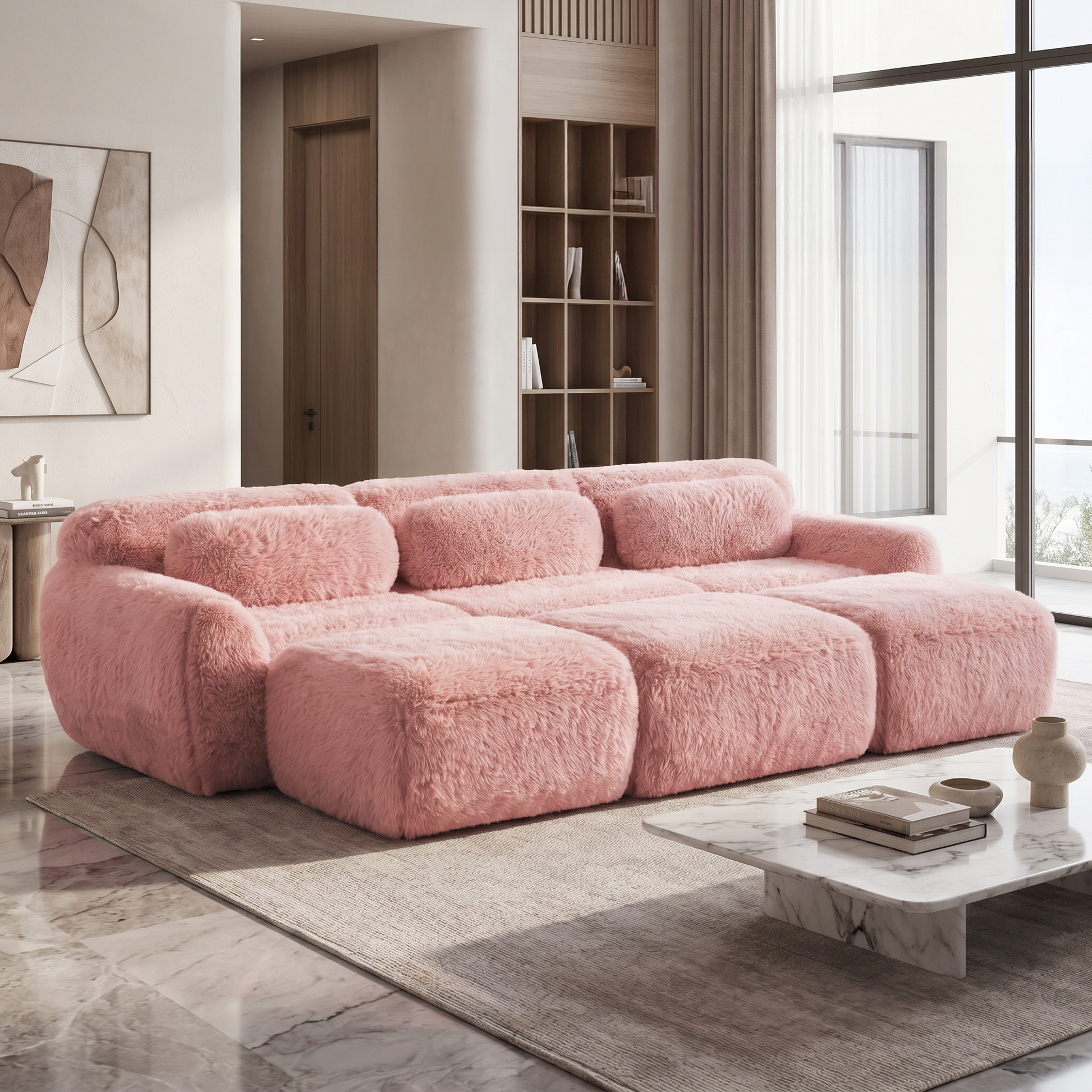 Durham pink corduroy sofa showing plush modular seating in modern bright living room