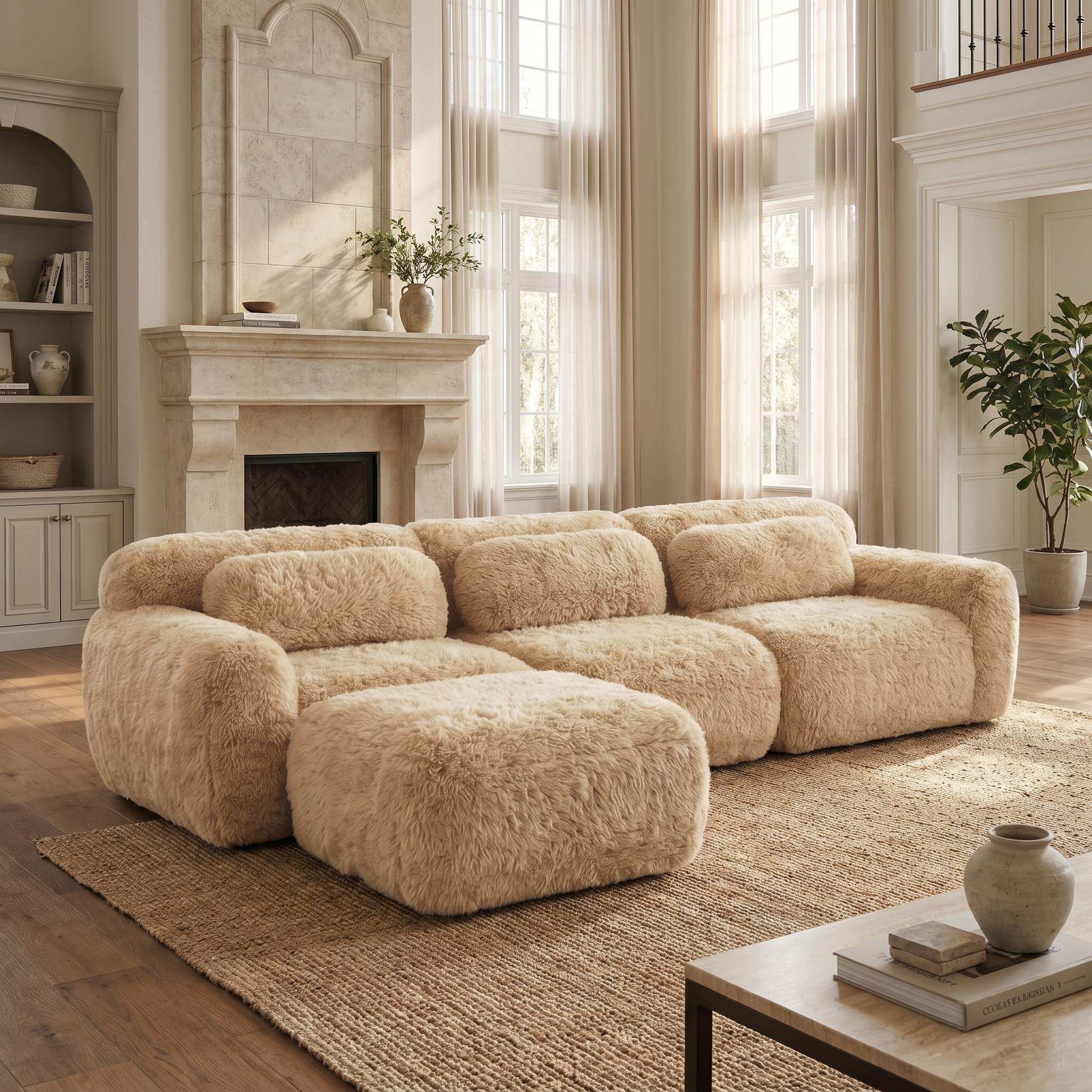Durham beige l-shaped sectional sofa showing cozy living room setup with movable ottoman and plush upholstery