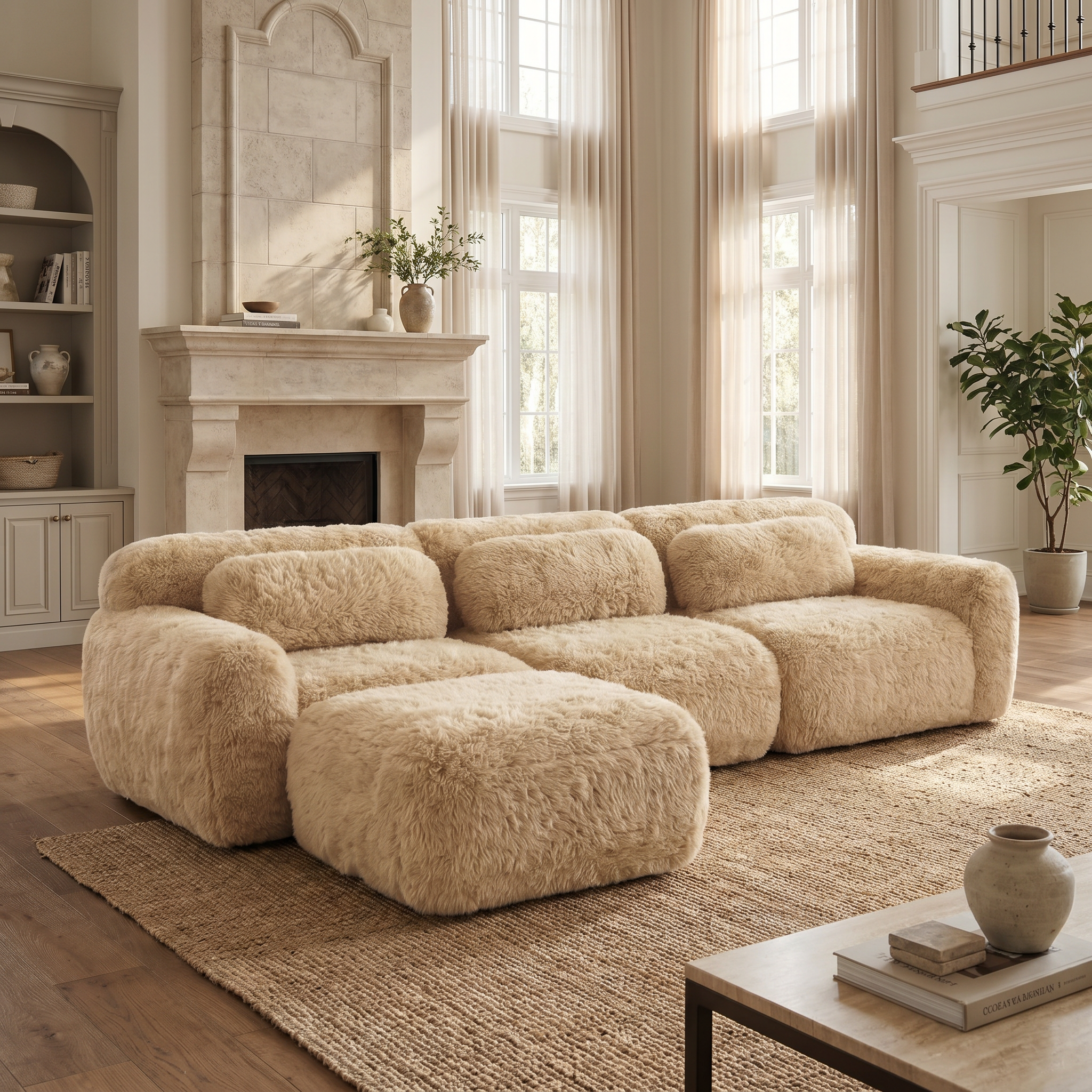Durham beige l-shaped sectional sofa showing cozy living room setup with movable ottoman and plush upholstery