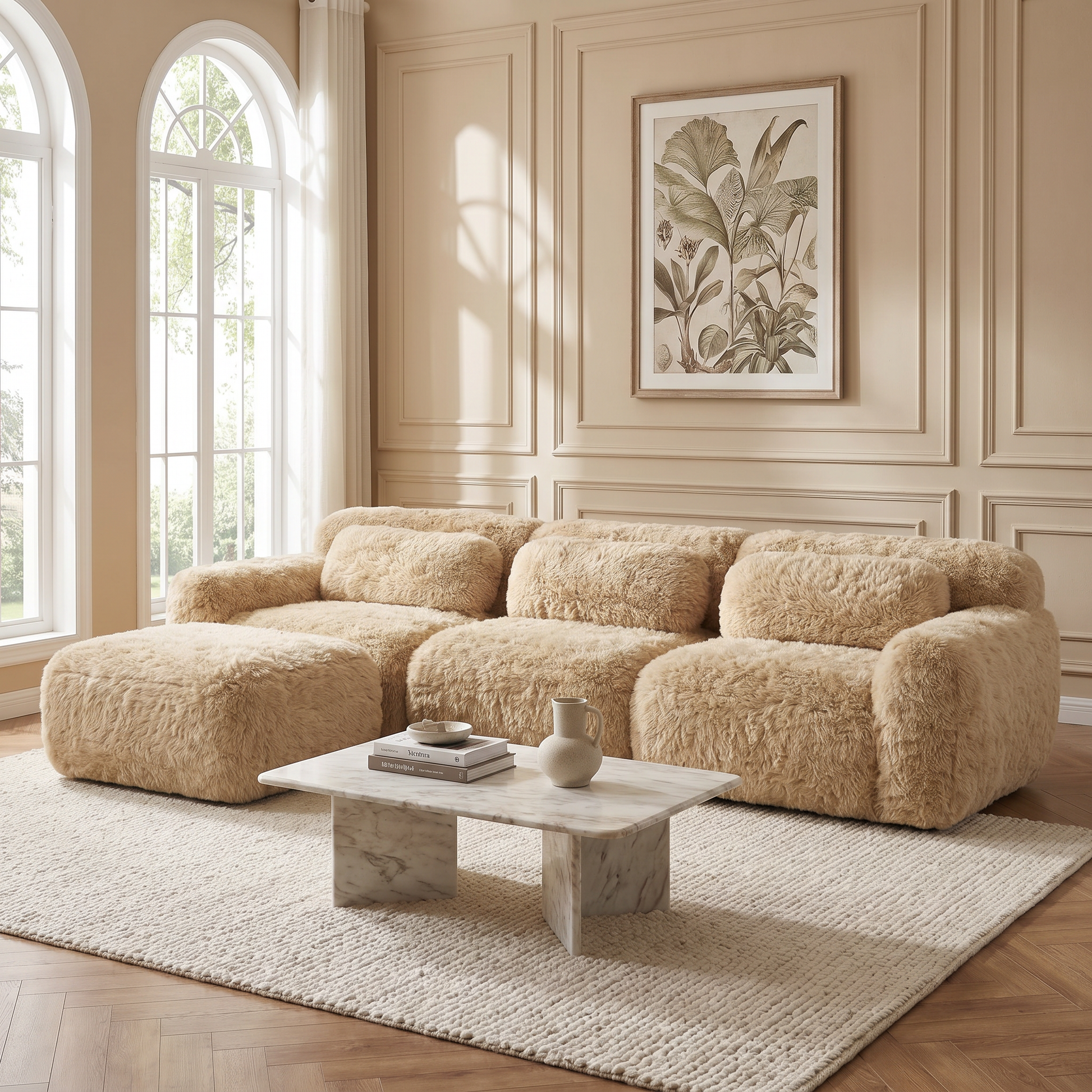 Durham beige l-shaped sectional sofa showing bright modern interior with oversized plush seating and ottoman
