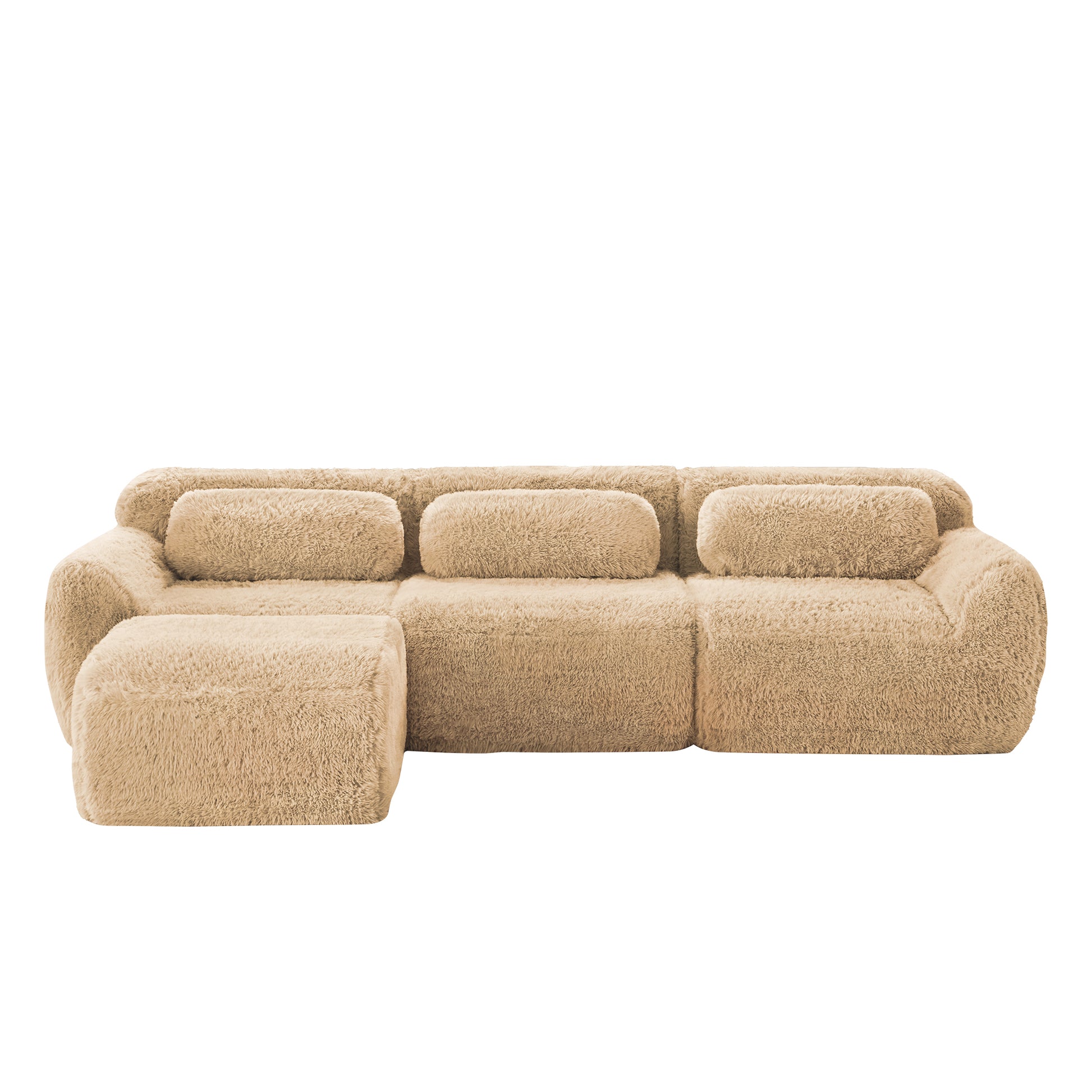 Durham beige l-shaped sectional sofa showing front view isolated plush sectional with ottoman