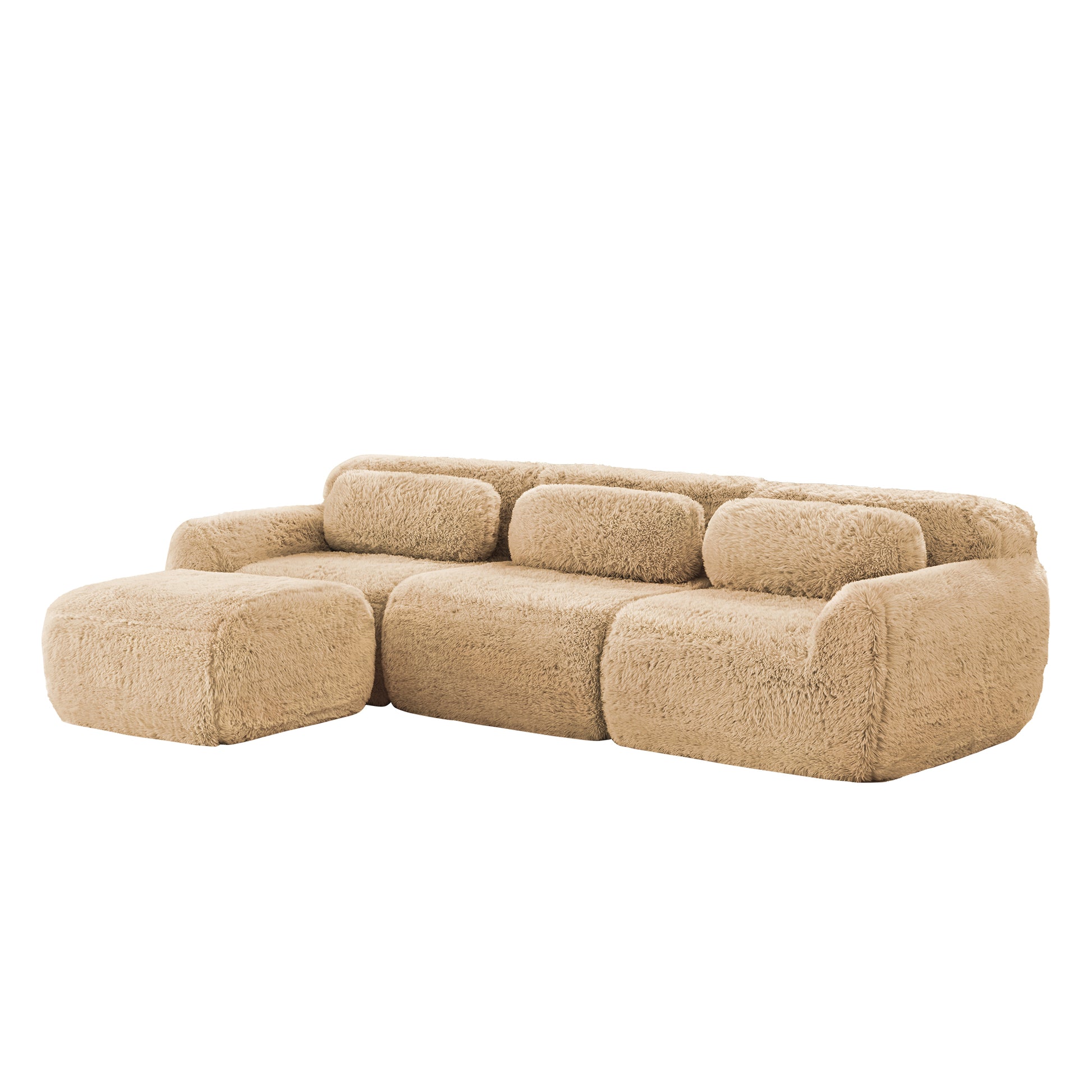 Durham beige l-shaped sectional sofa showing isolated front angled view with movable ottoman