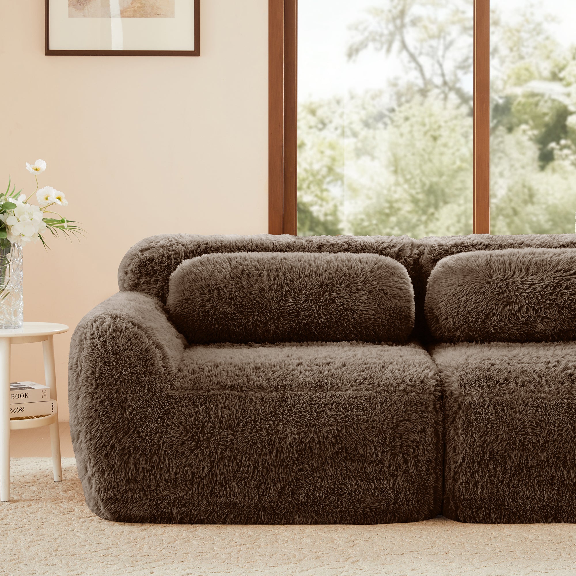 Durham brown l-shaped sectional sofa showing plush loveseat seat cushion detail