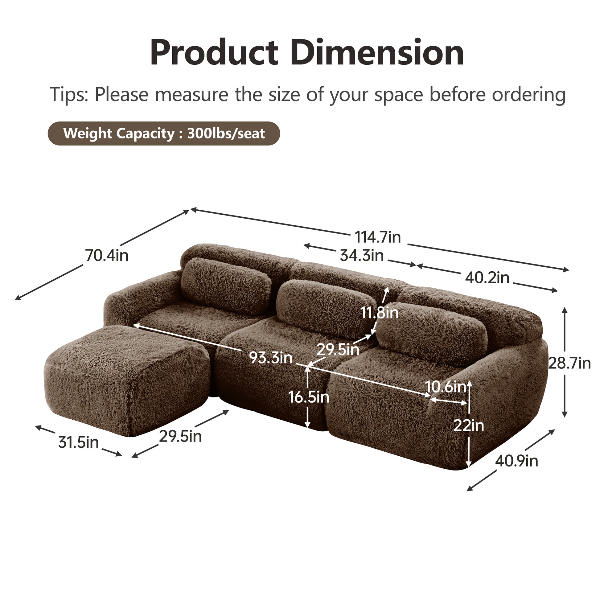 Durham brown l-shaped sectional sofa showing product size and weight capacity dimensions chart