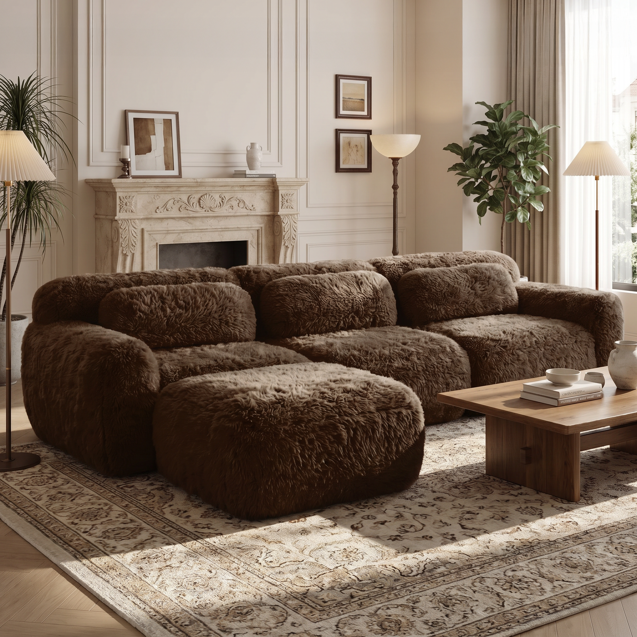 Durham brown l-shaped sectional sofa showing elegant living room setup with movable ottoman