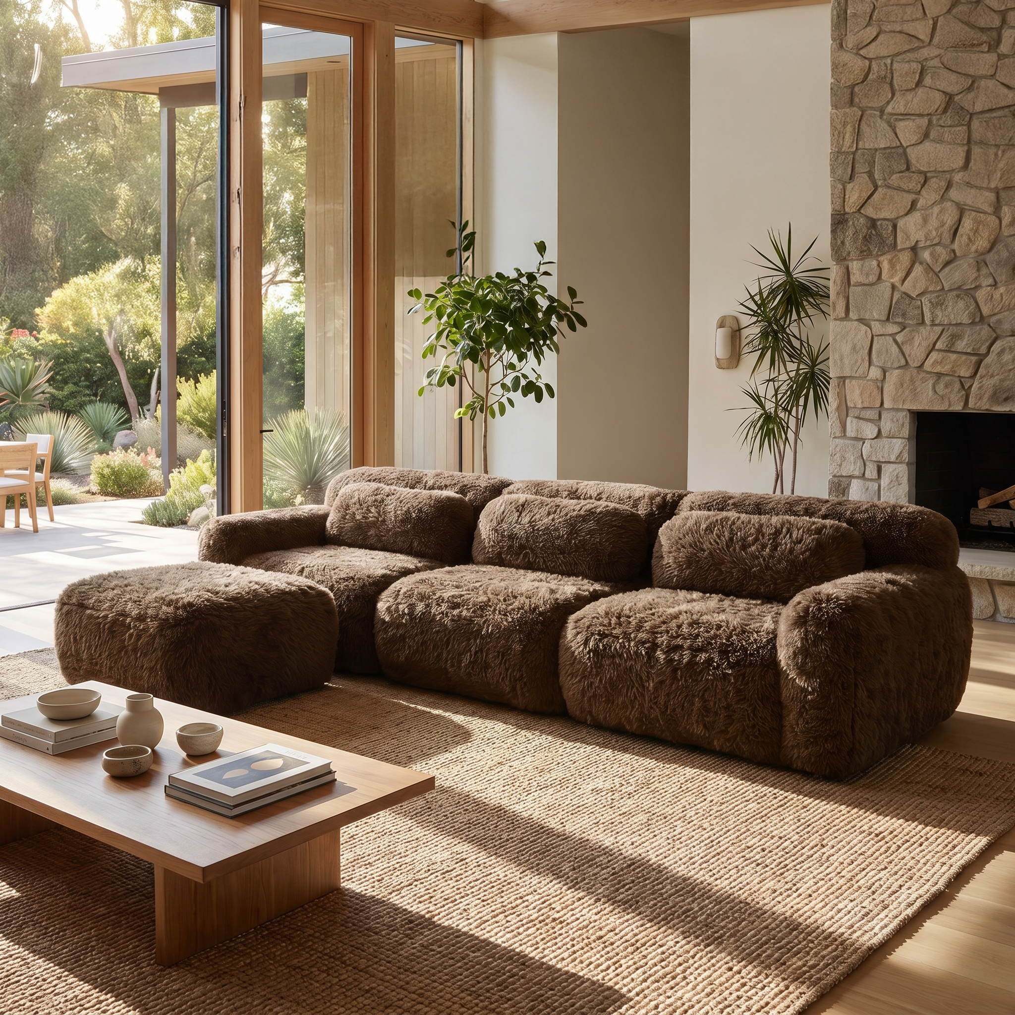Durham brown l-shaped sectional sofa showing cozy modern living room with plush seating