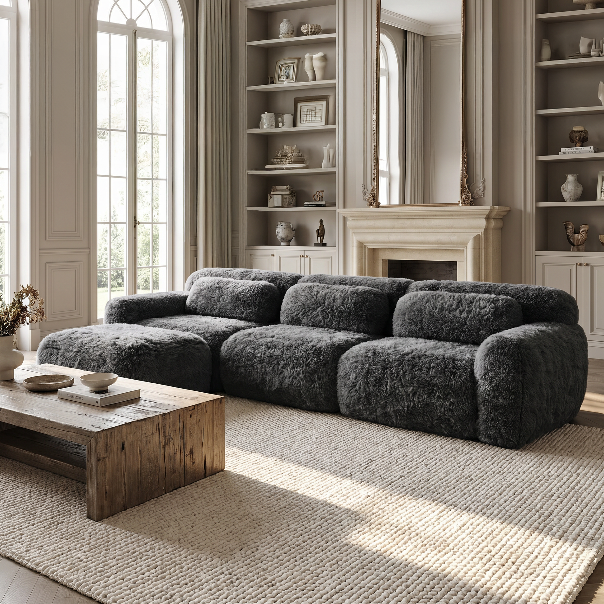Durham dark grey l-shaped sectional sofa showing elegant living room setup with plush seating