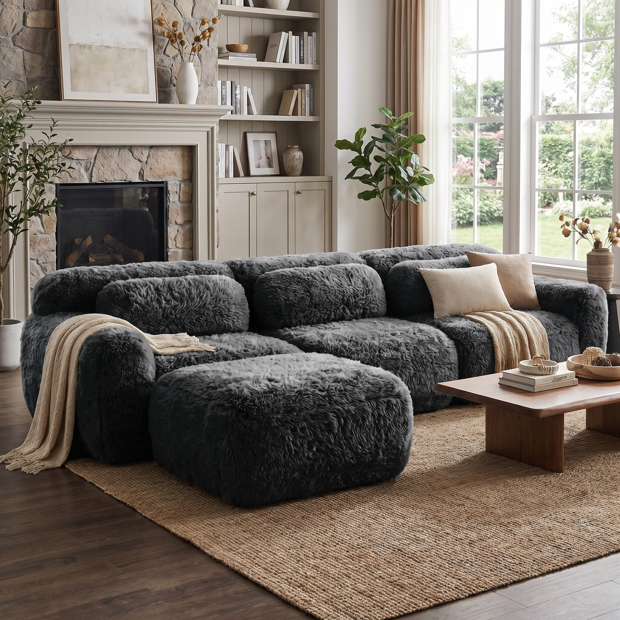 Durham dark grey l-shaped sectional sofa showing cozy farmhouse living room with movable ottoman