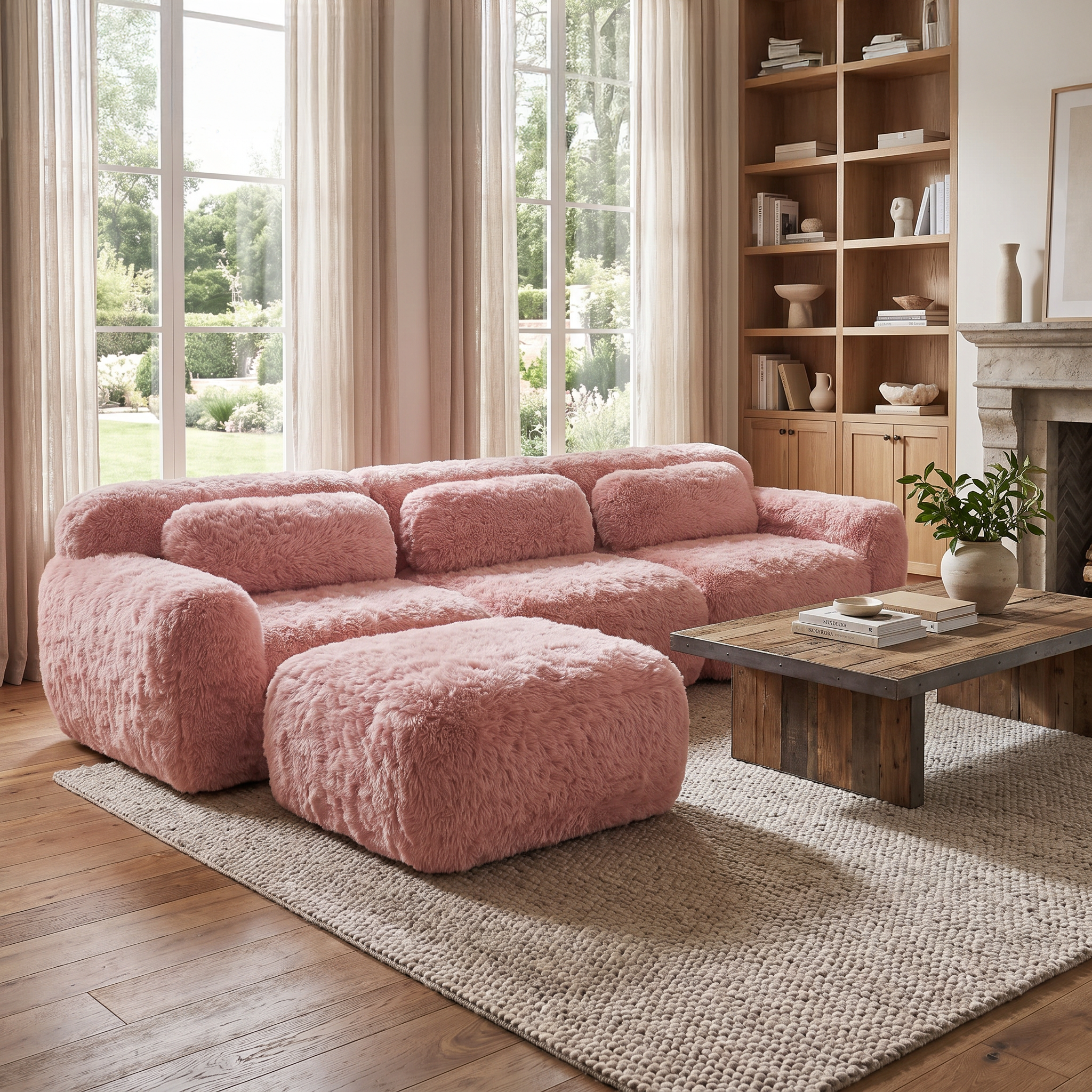 Durham pink l-shaped sectional sofa showing cozy modern living room with plush upholstery and ottoman