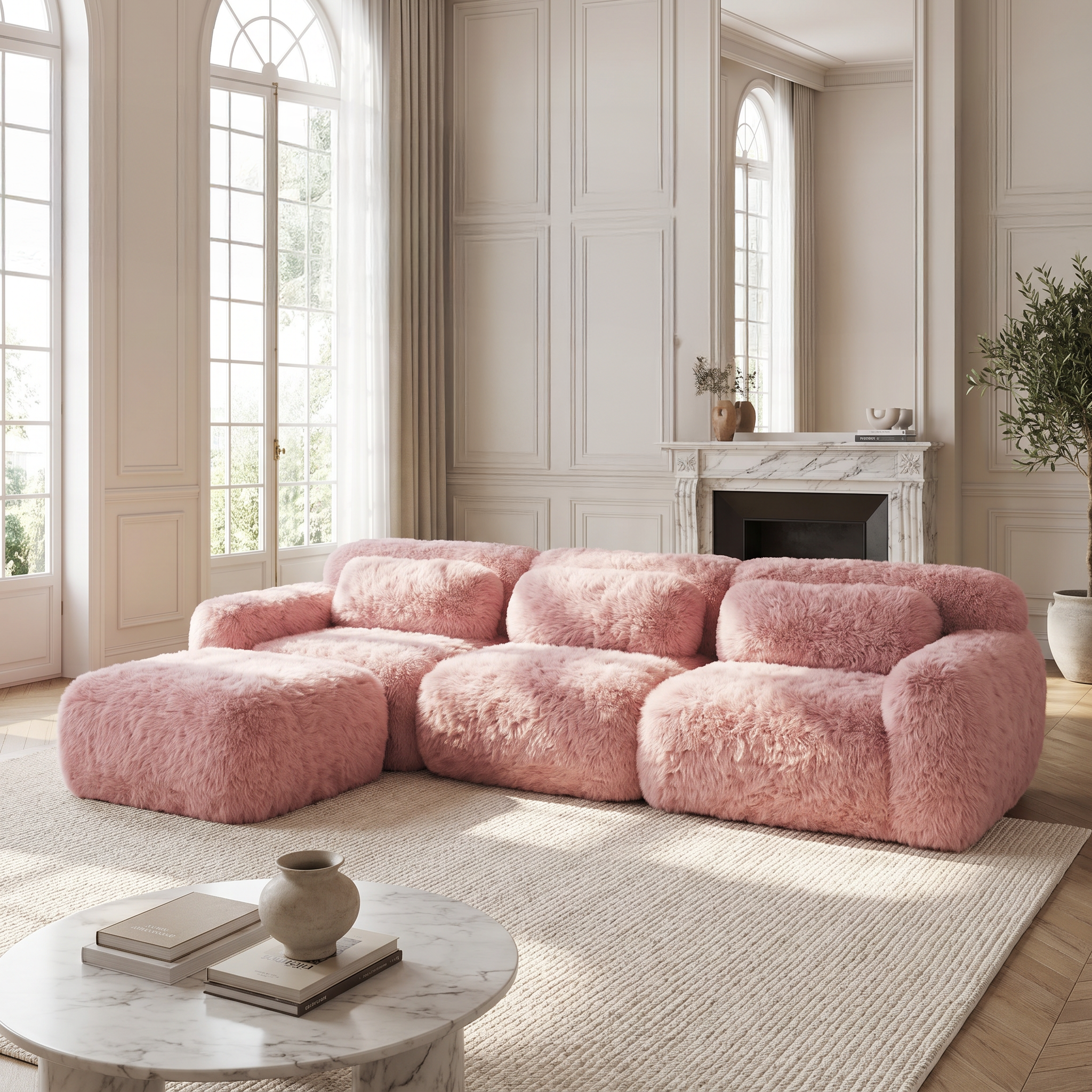 Durham pink l-shaped sectional sofa showing bright elegant living room with movable ottoman
