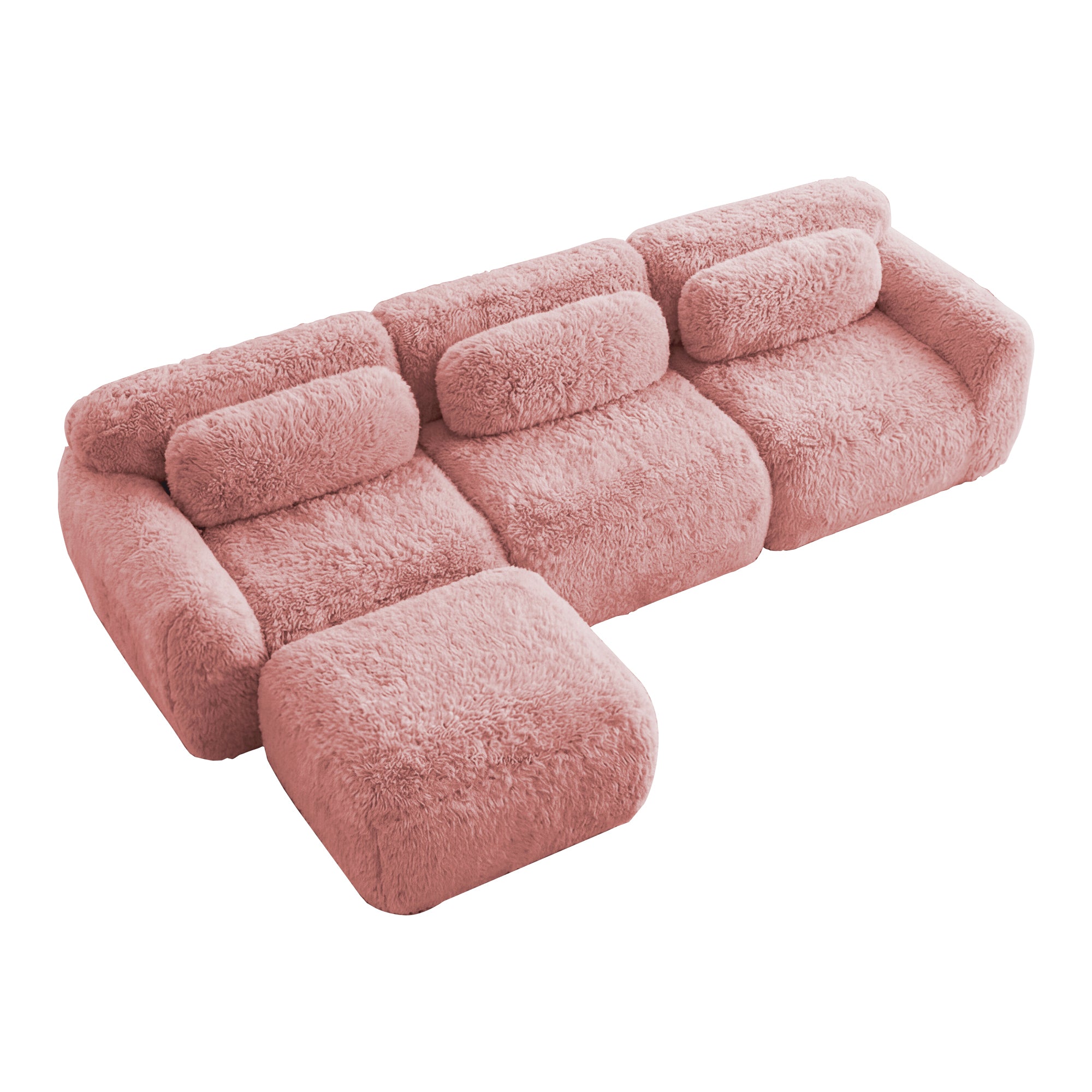 Durham pink l-shaped sectional sofa showing angled isolated deep seat modular sofa with movable ottoman