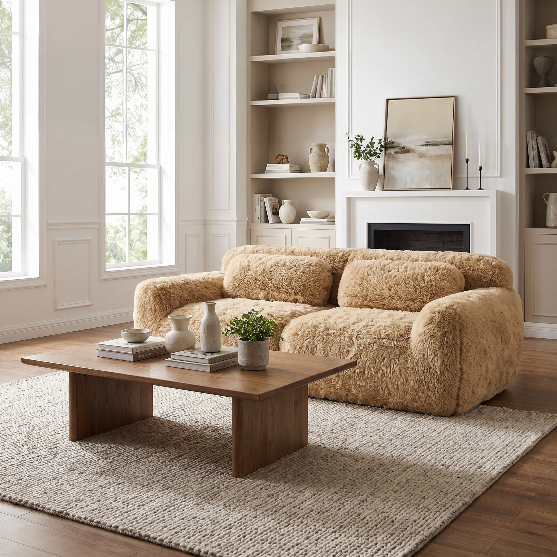 Durham beige loveseat sofa showing plush modular cloud sofa in living room setting