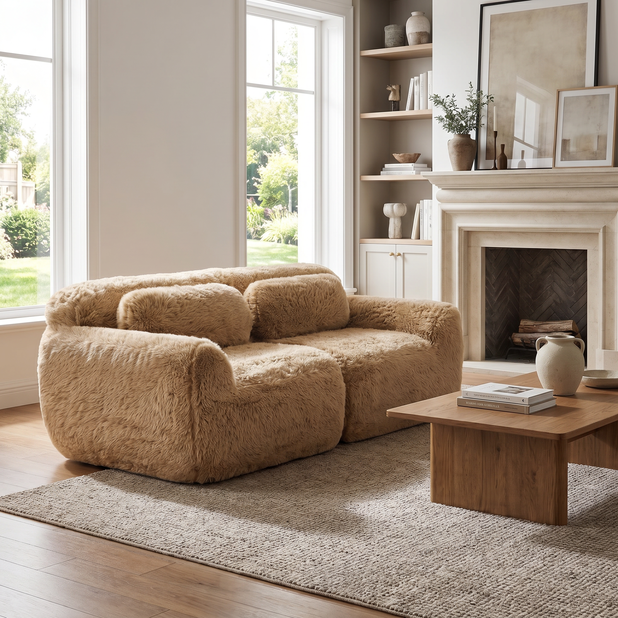 Durham beige loveseat sofa showing cozy living room setup with fireplace and soft plush texture
