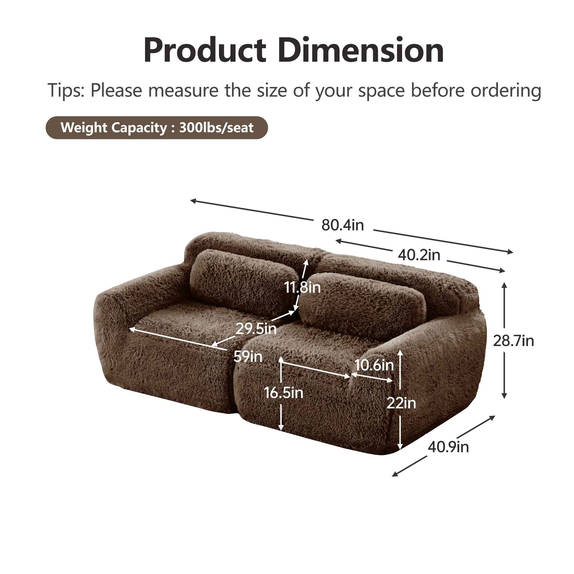 Durham brown loveseat sofa showing product size and weight capacity dimensions chart