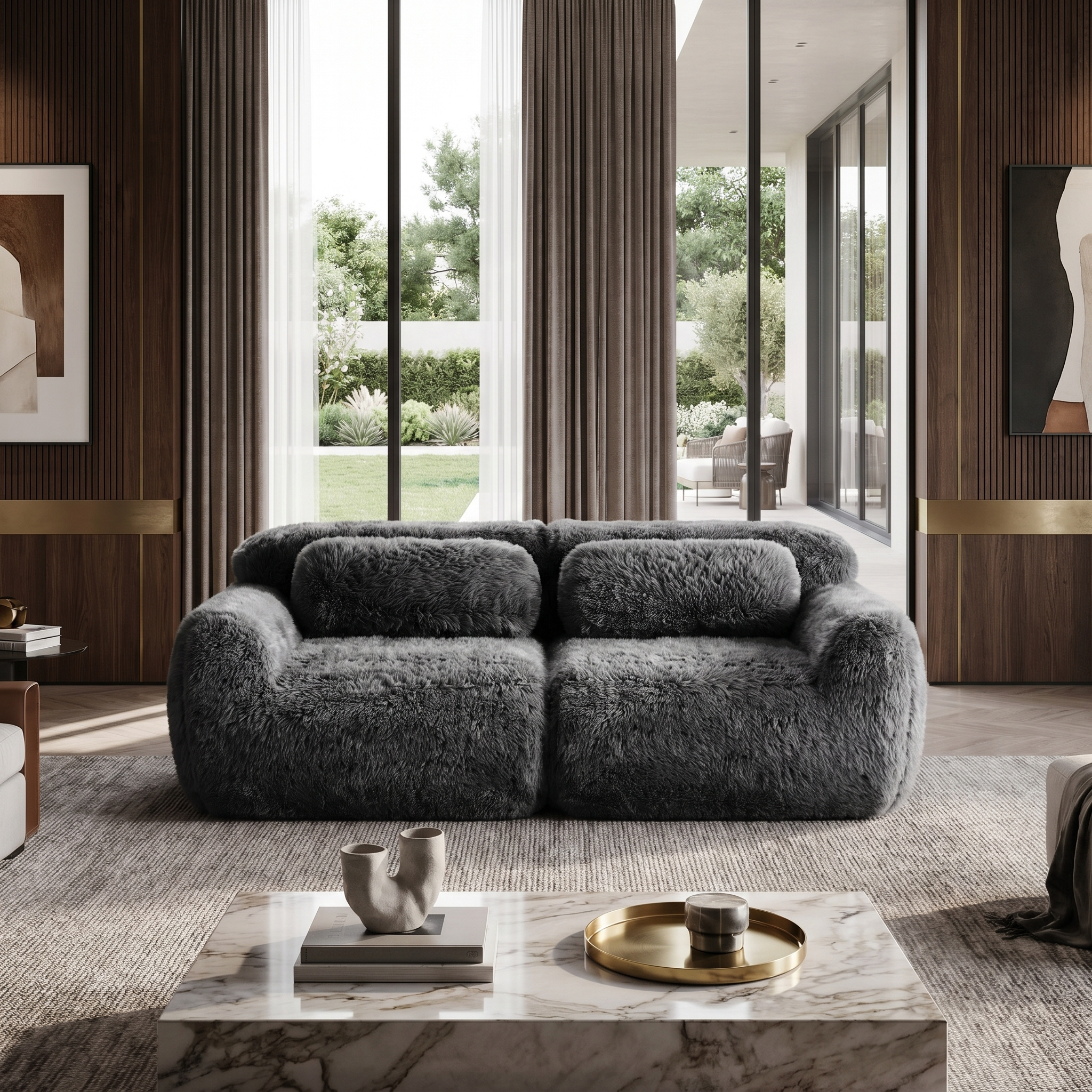 Durham dark grey loveseat sofa showing luxurious modern living room setup with plush texture