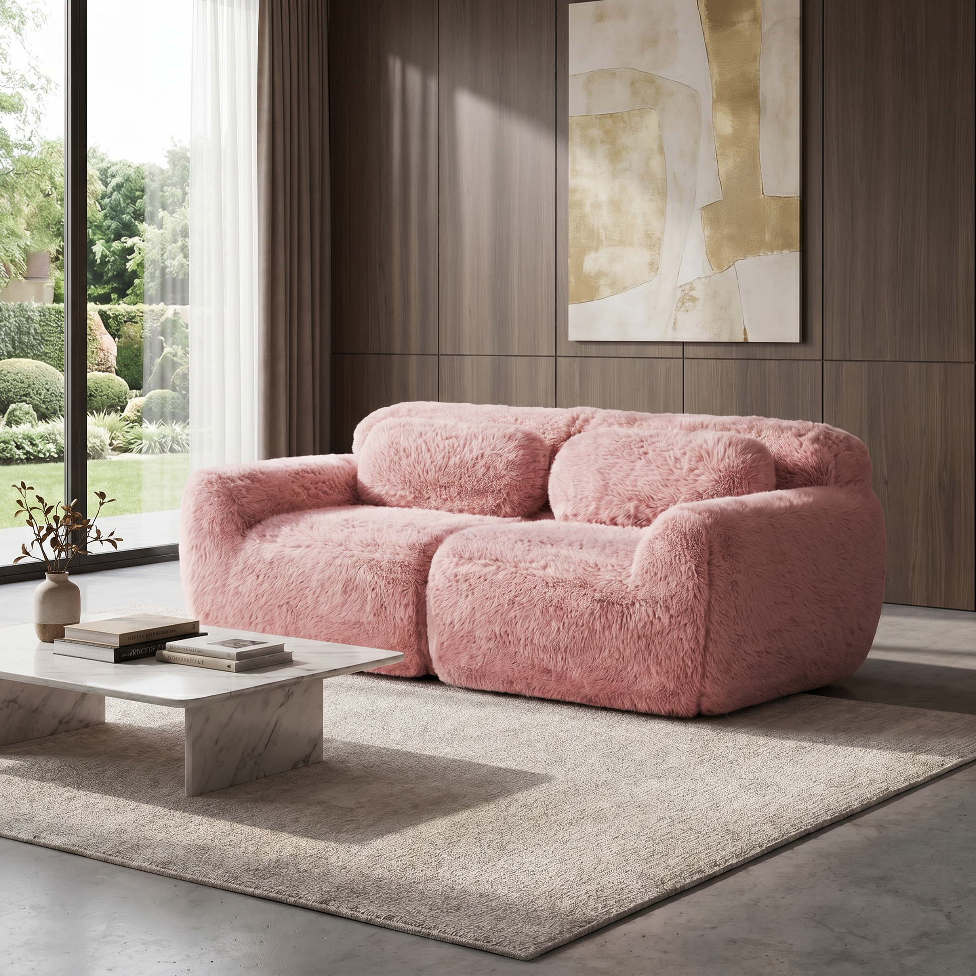 Durham pink loveseat sofa showing cozy modern living room setup with plush texture