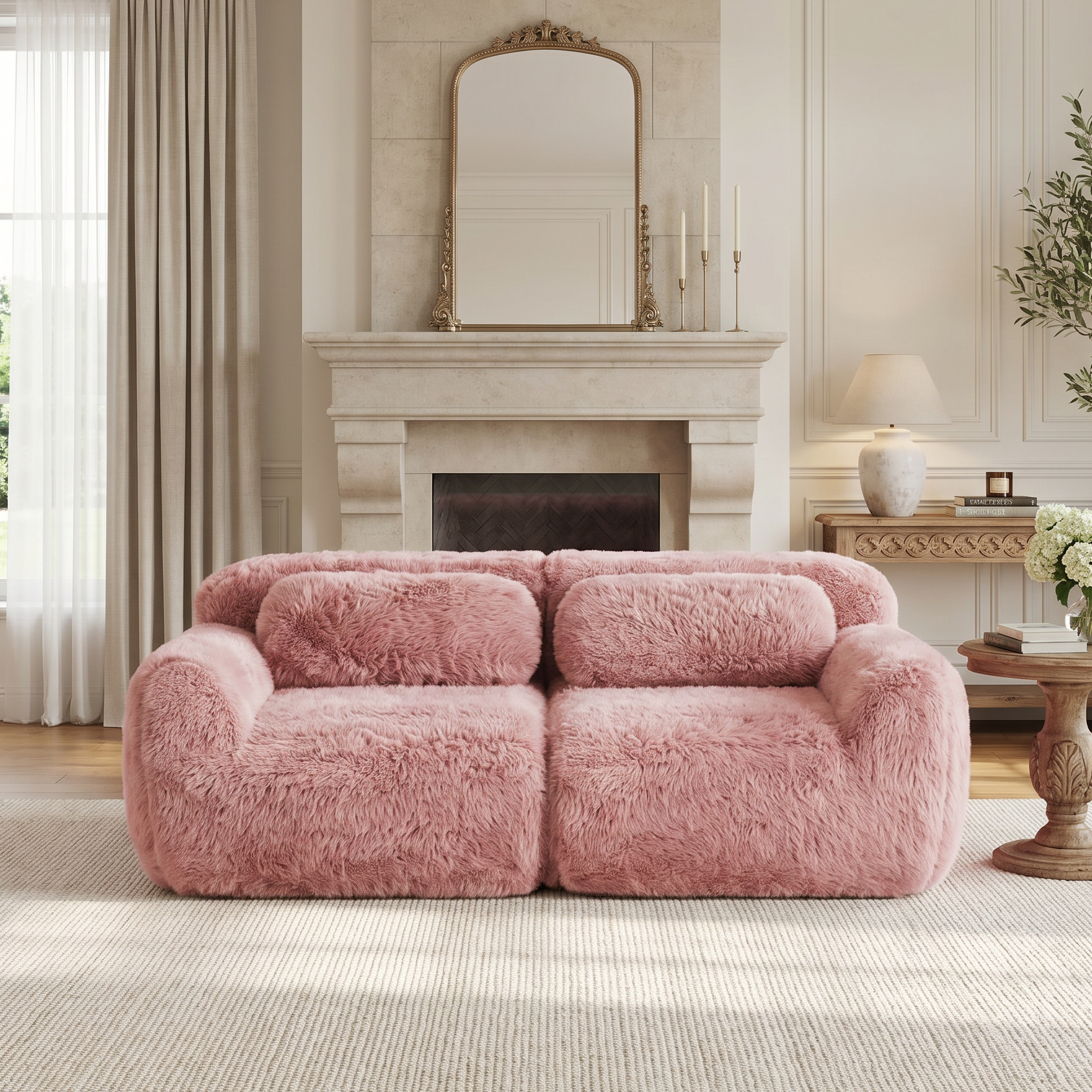 Durham pink loveseat sofa showing elegant living room setup with fireplace backdrop