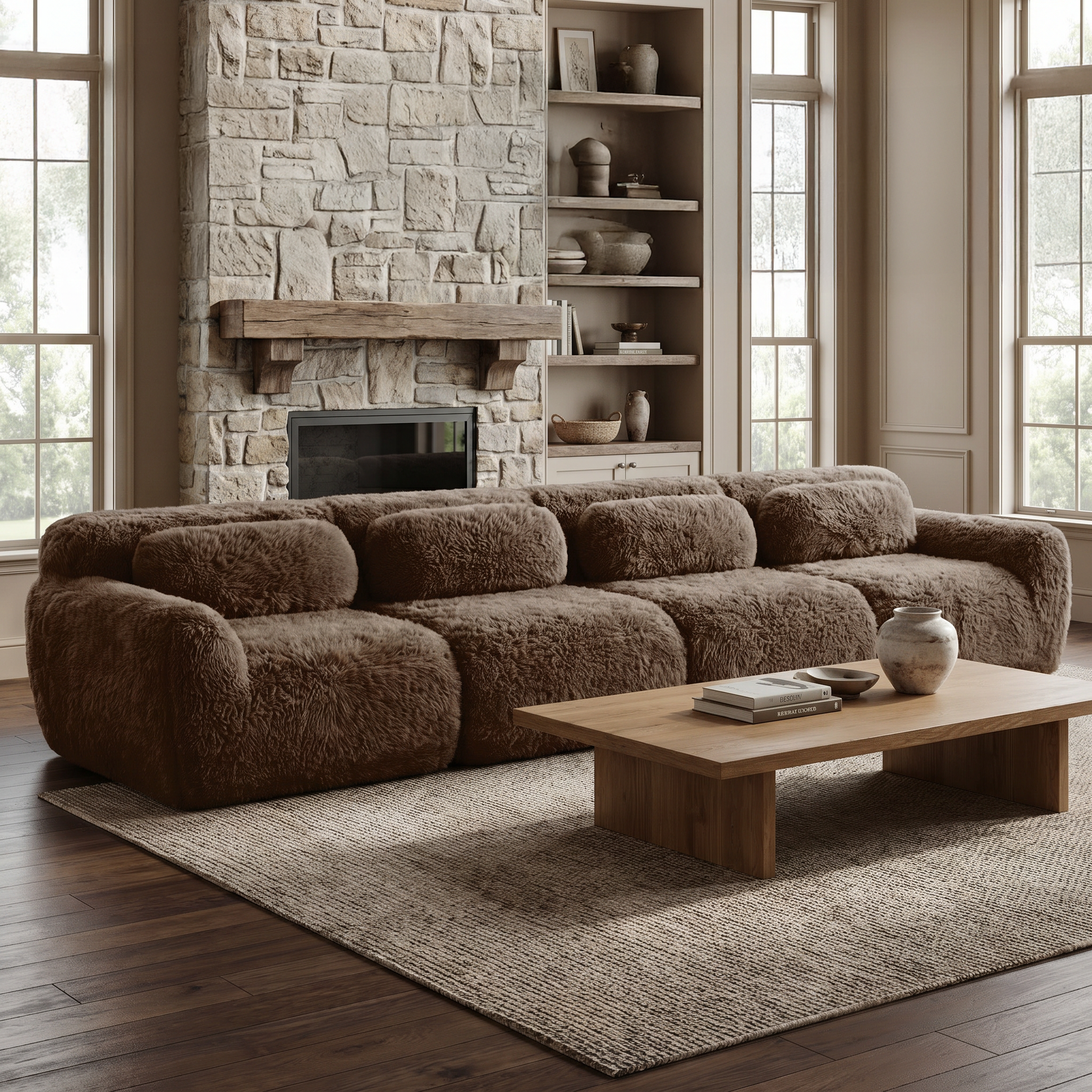 The 149-inch Durham Brown Modular Plush Sofa, situated in a cozy living room with fireplace
