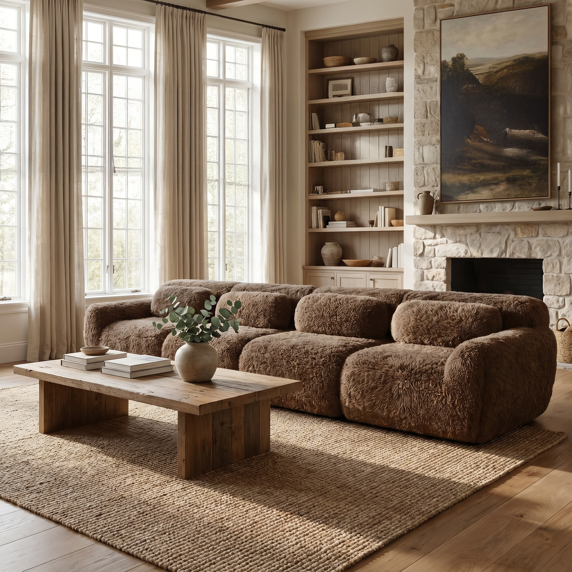The Durham 149-Inch Brown Modular Plush Sofa, situated in a modern living room featuring a fireplace and a mural