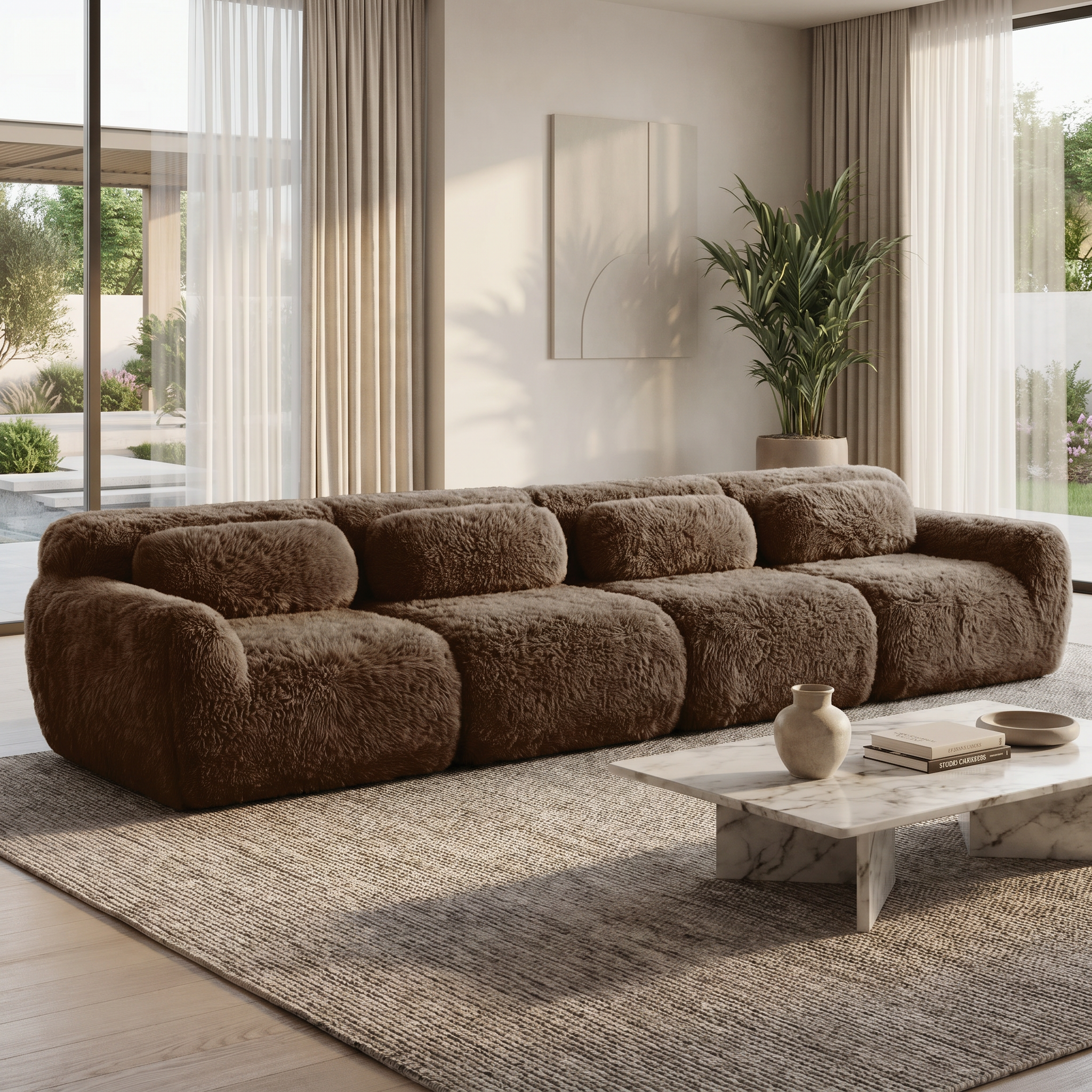 Durham brown modular sofa showing modern living room setup with marble coffee table and natural light