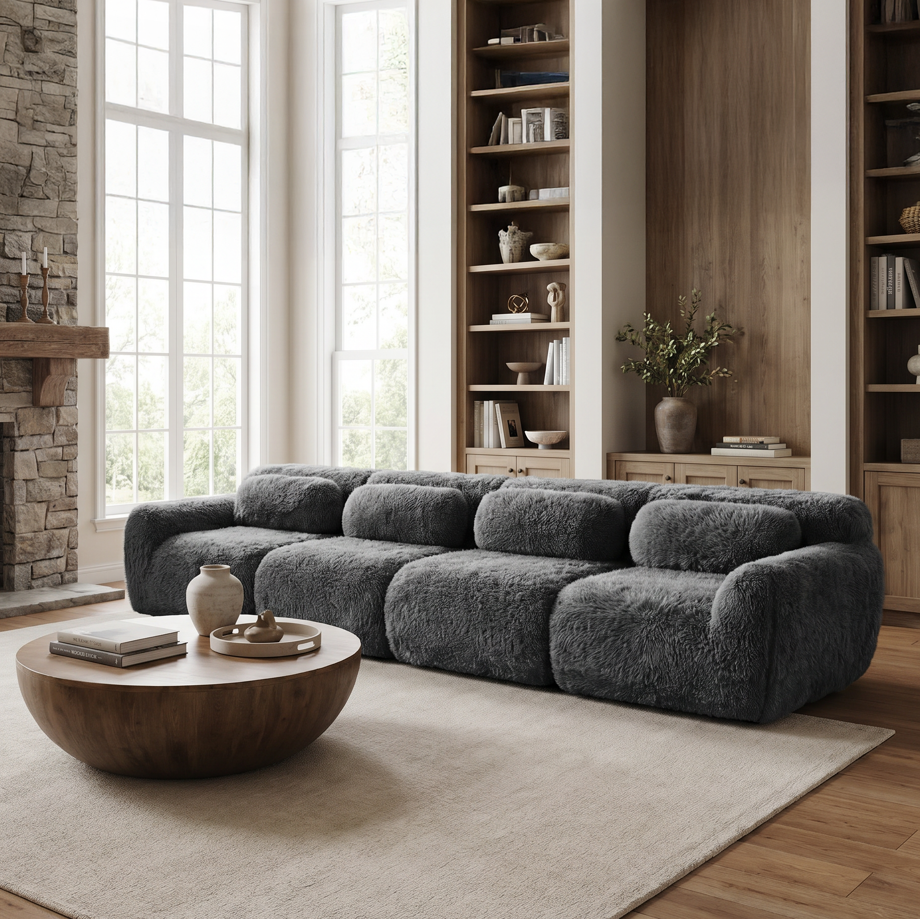 Durham dark grey modular plush sofa showing cozy living room setup with round wood coffee table